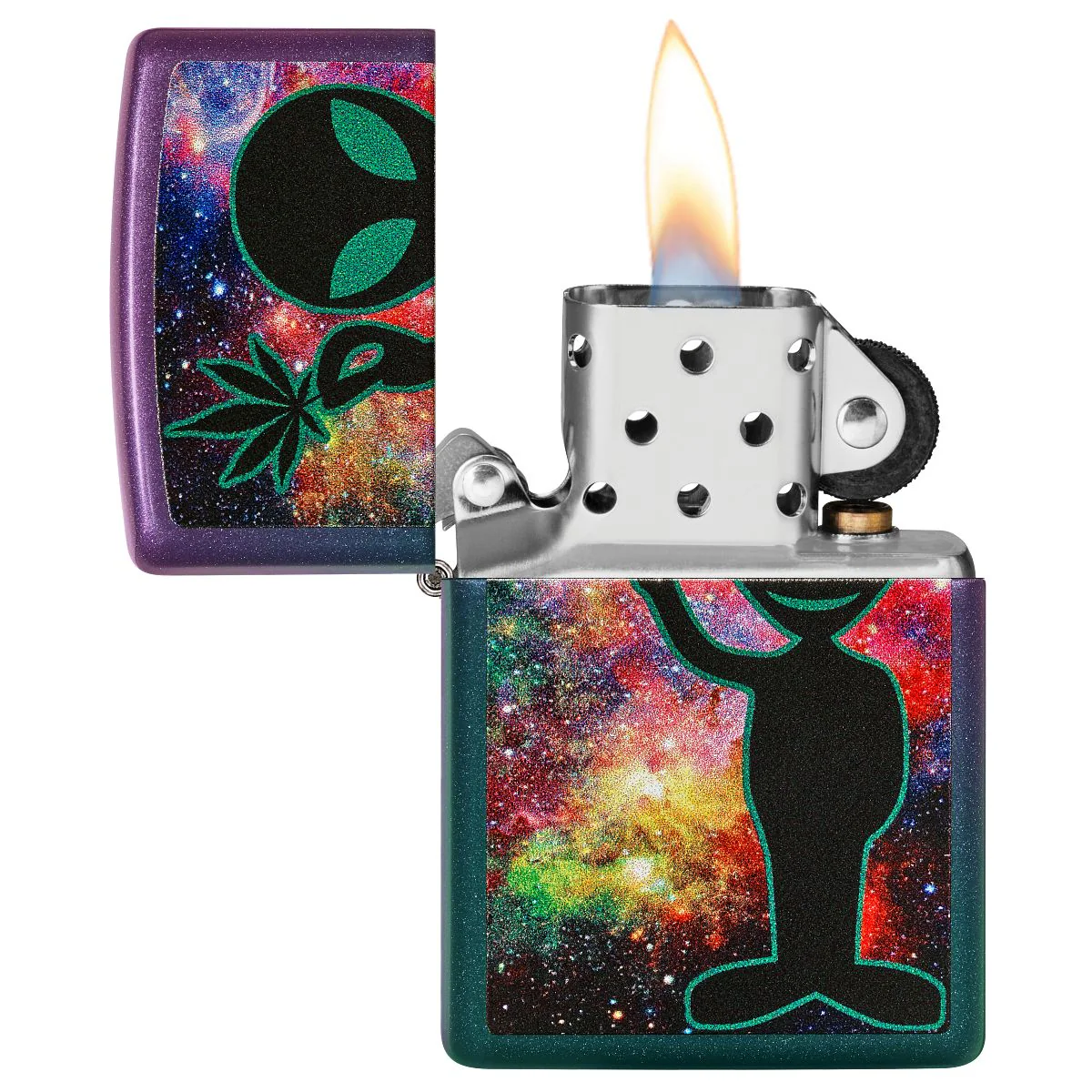 Zippo Lighter: Alien with Weed Leaf - Iridescent 49441 - Image 3