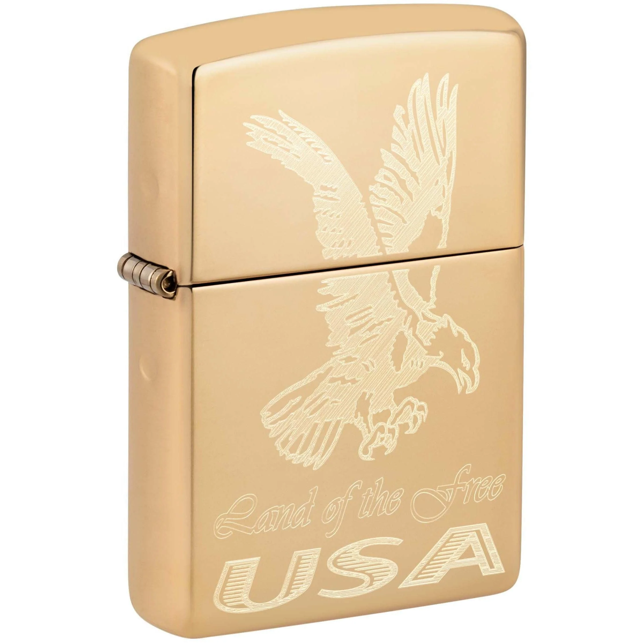 Zippo Lighter: American Eagle, Land of the Free USA, Engraved - High Polish Brass 81070