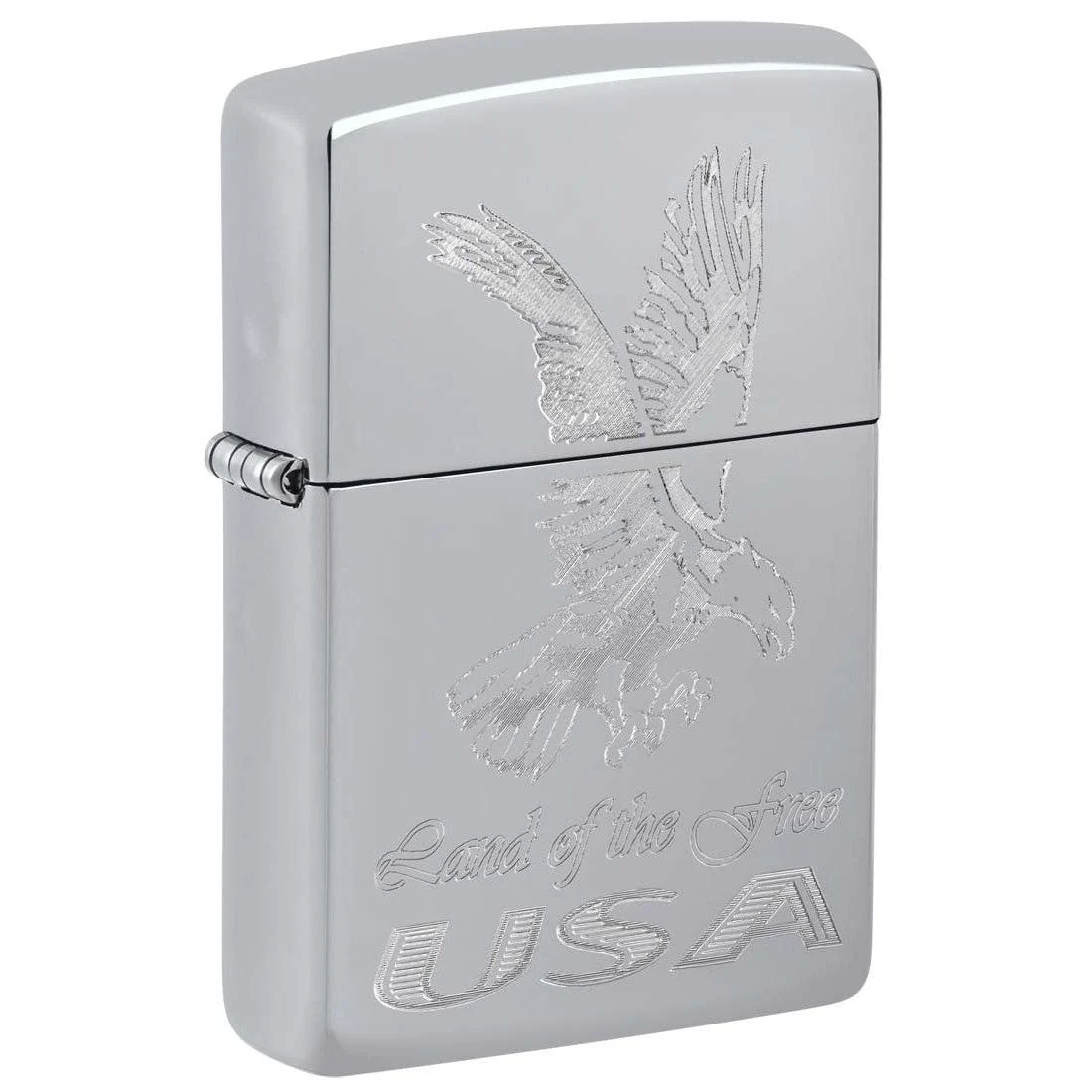 Zippo Lighter: American Eagle, Land of the Free USA, Engraved - High Polish Chrome 81397