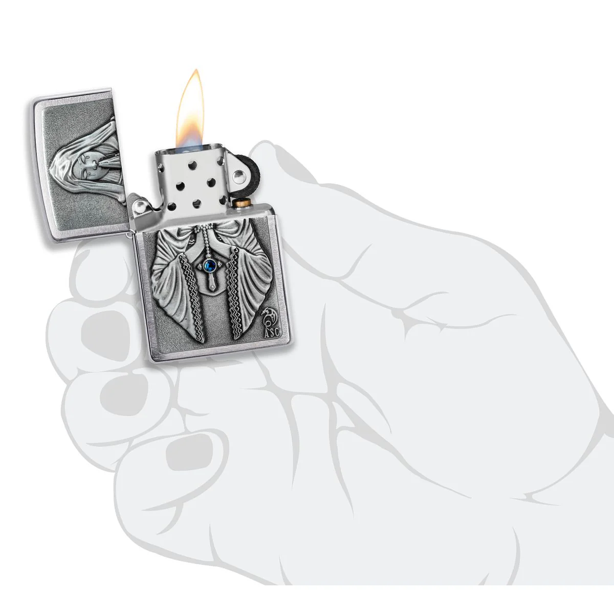 Zippo Lighter: Anne Stokes, Praying Woman Emblem - Brushed Chrome 49756 - Image 6