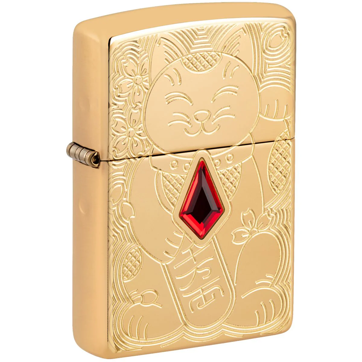 Zippo Lighter: Armor Engraved Maneki-neko, Lucky Cat - High Polish Brass 49802
