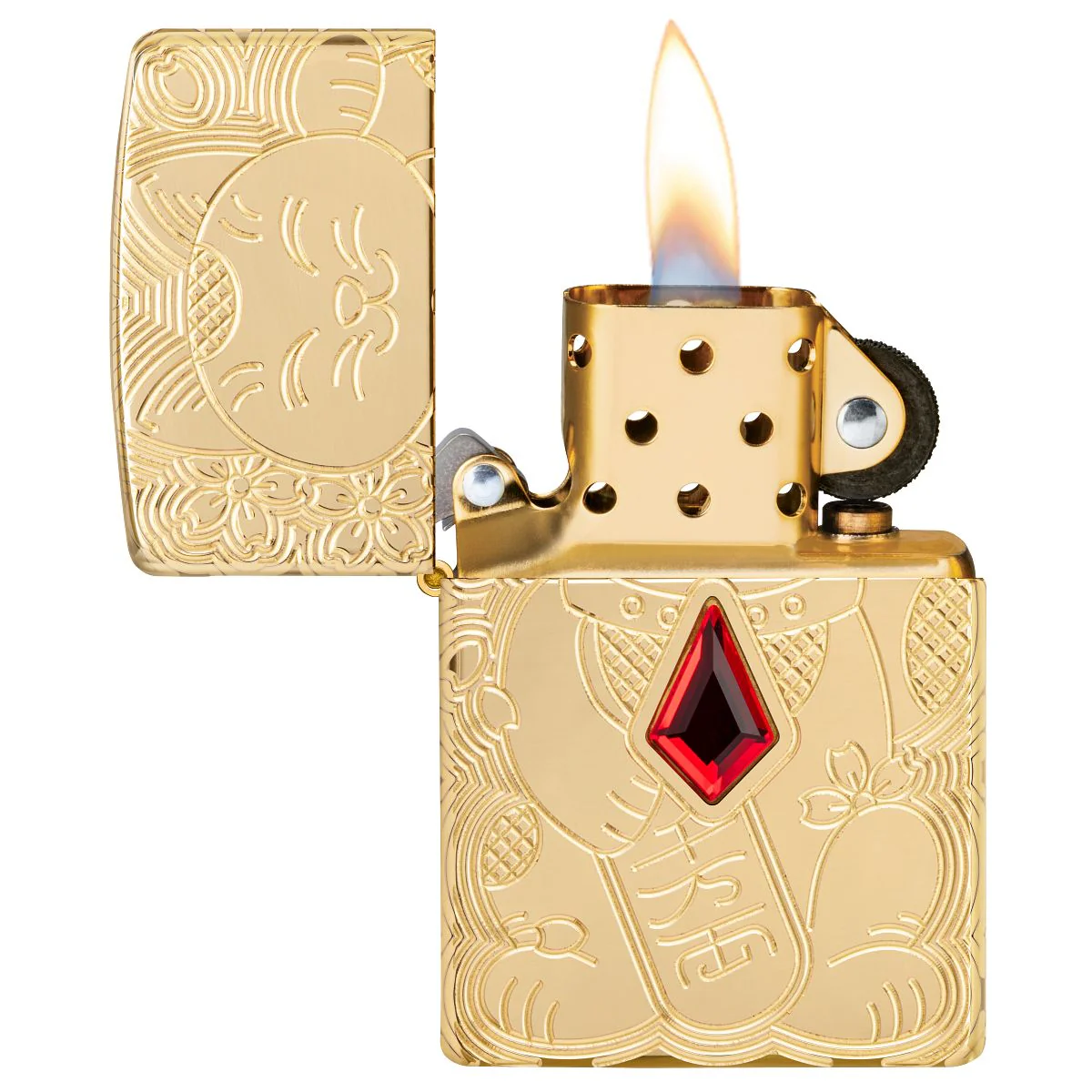 Zippo Lighter: Armor Engraved Maneki-neko, Lucky Cat - High Polish Brass 49802 - Image 3