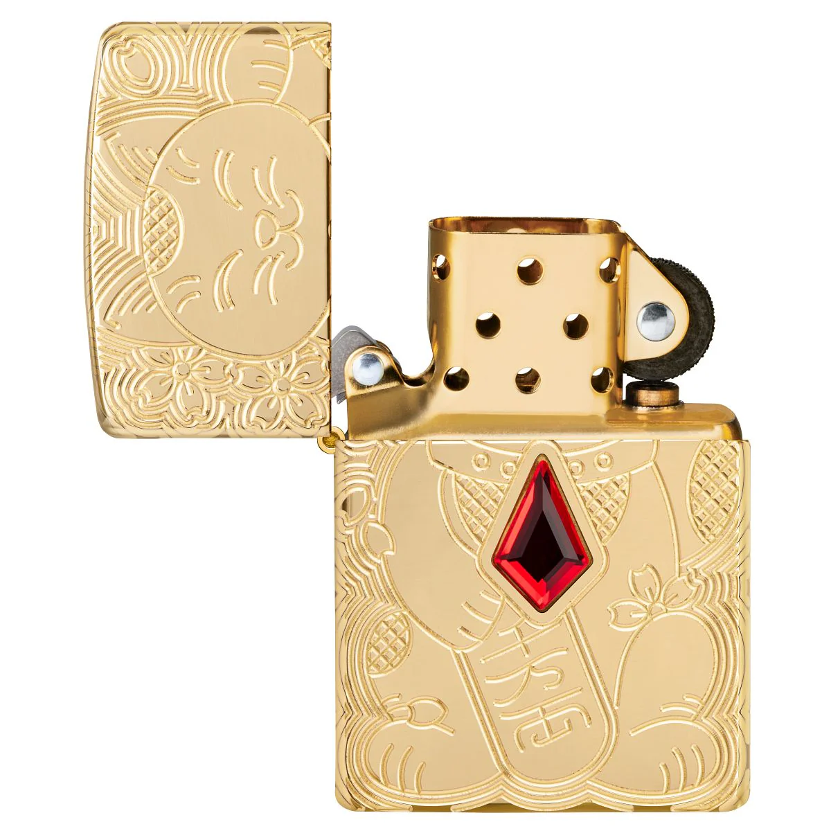 Zippo Lighter: Armor Engraved Maneki-neko, Lucky Cat - High Polish Brass 49802 - Image 4