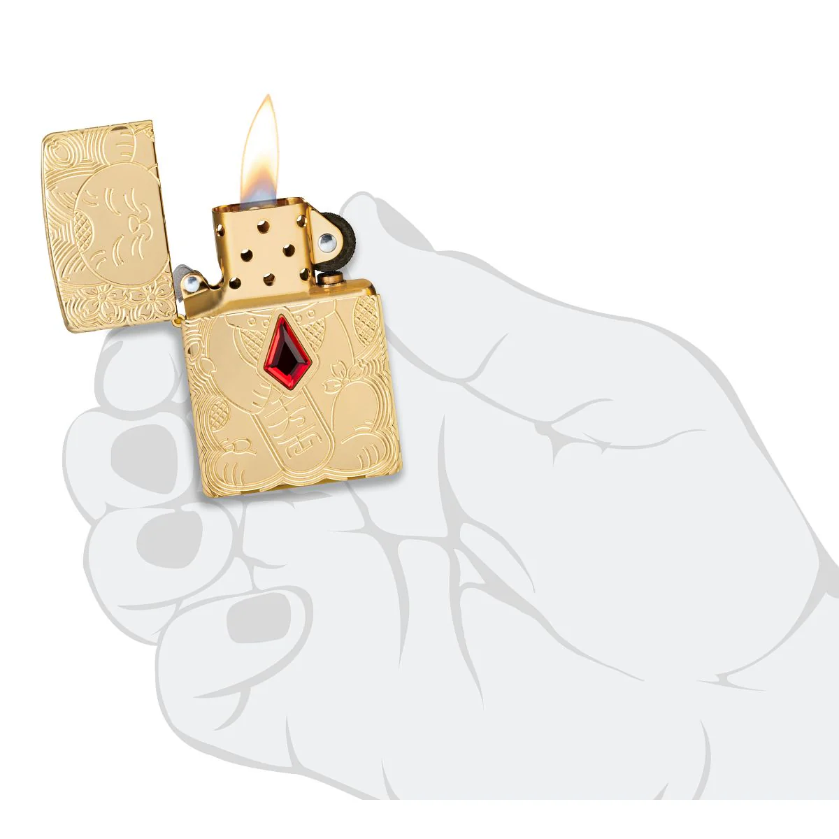 Zippo Lighter: Armor Engraved Maneki-neko, Lucky Cat - High Polish Brass 49802 - Image 5