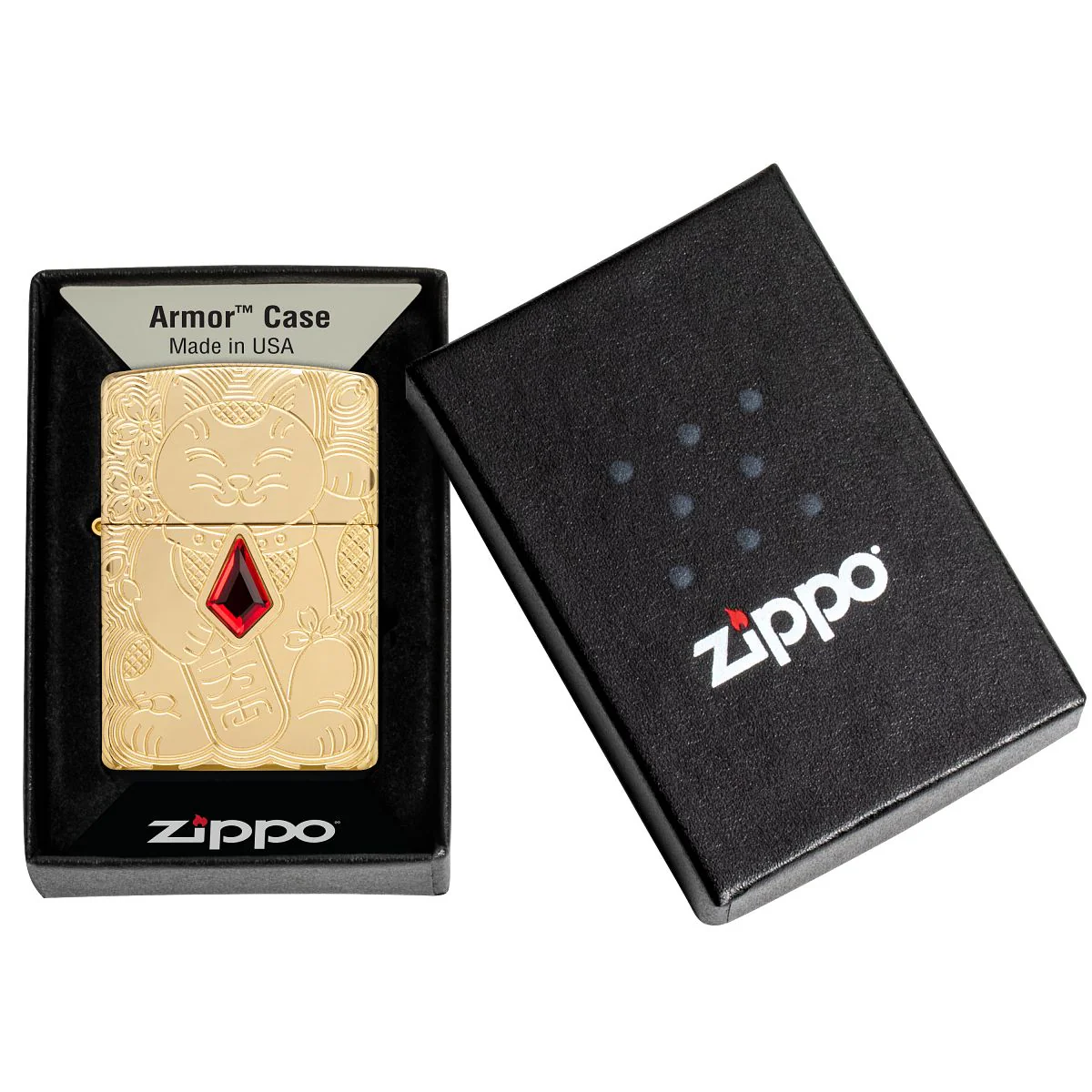 Zippo Lighter: Armor Engraved Maneki-neko, Lucky Cat - High Polish Brass 49802 - Image 6