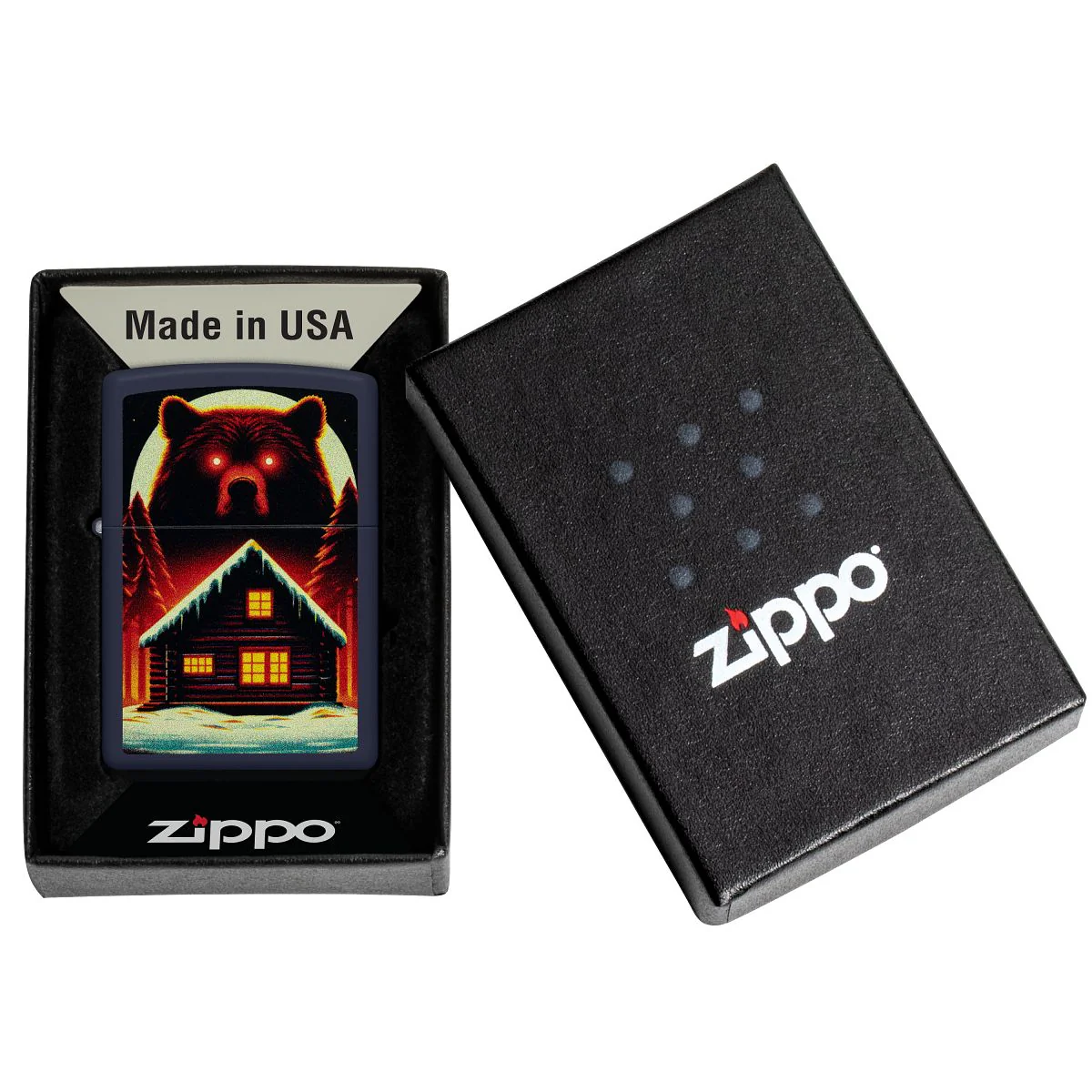 Zippo Lighter: Bear and Cabin in Winter - Navy Matte 46613 - Image 6