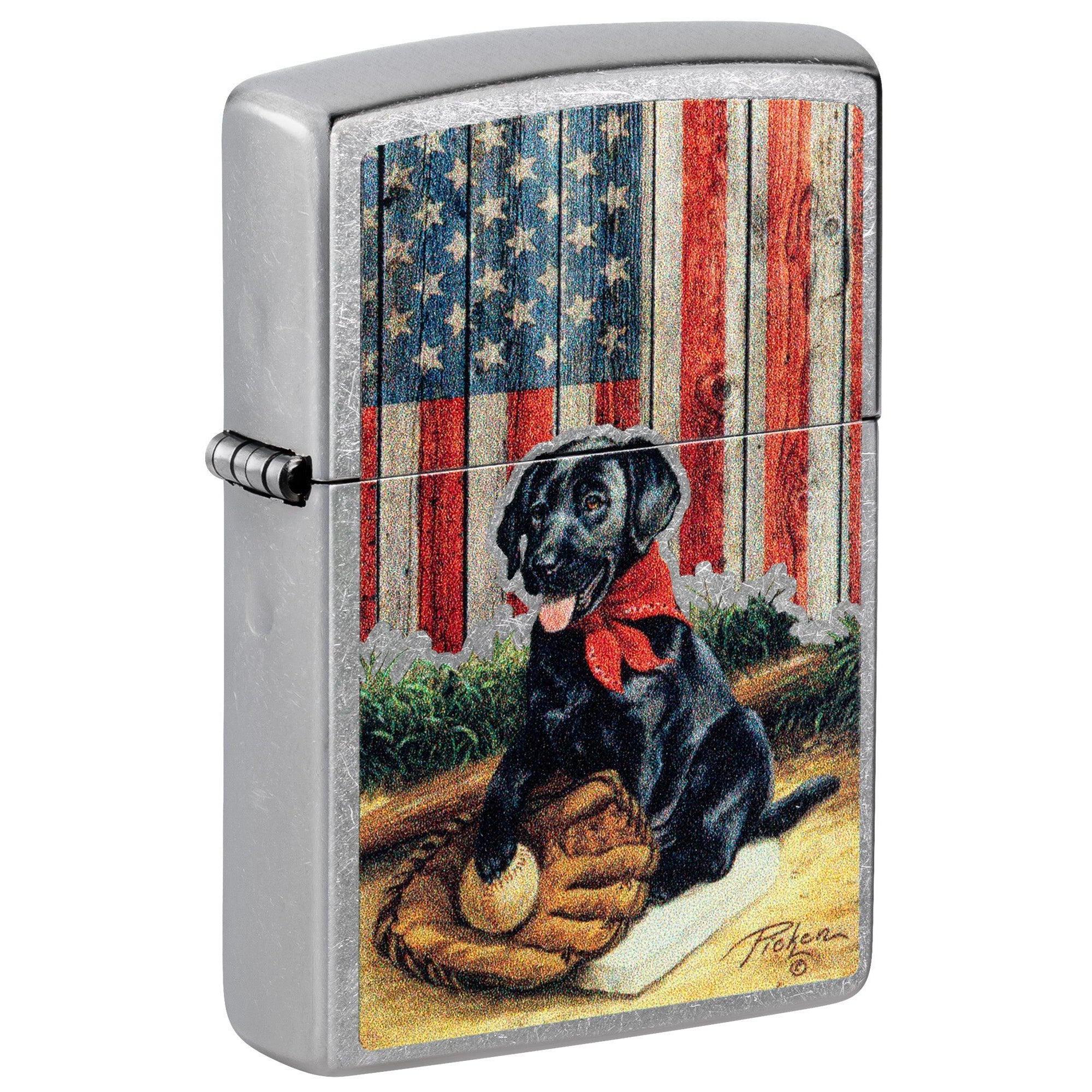 Zippo Lighter: Black Lab Dog and Flag by Linda Picken - Street Chrome 81523