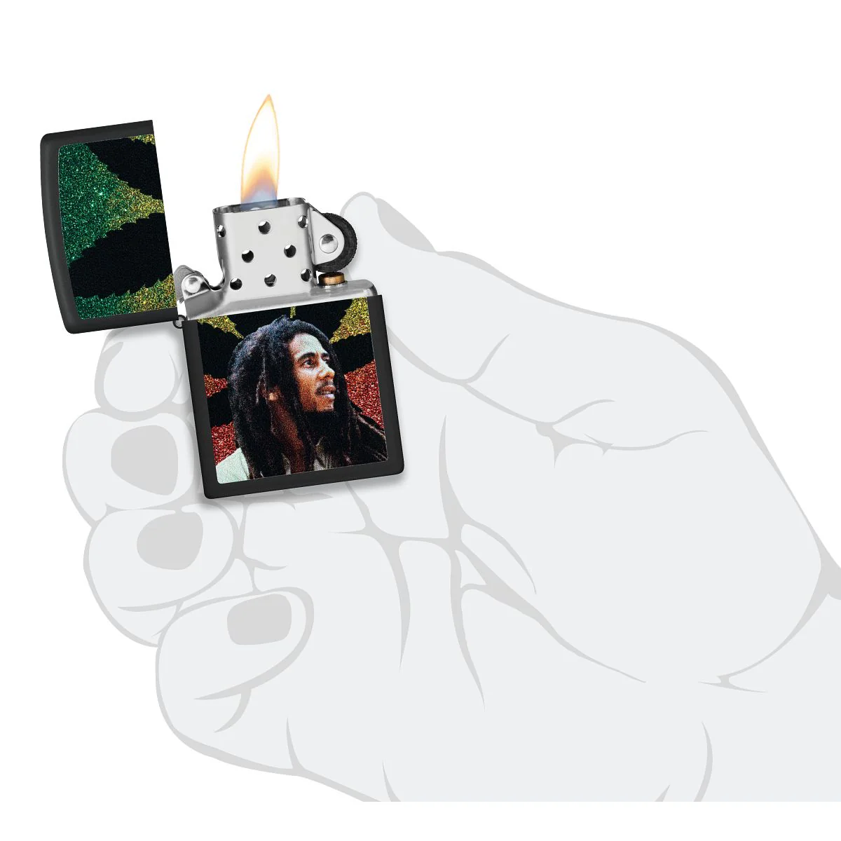 Zippo Lighter: Bob Marley with Weed Leaf - Black Matte 46741 - Image 5