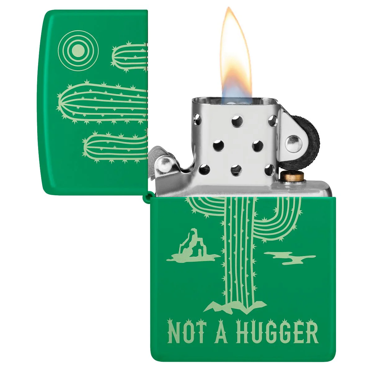 Zippo Lighter: Cactus,Not a Hugger, Engraved - Grass Green Matte 47150 - Image 3