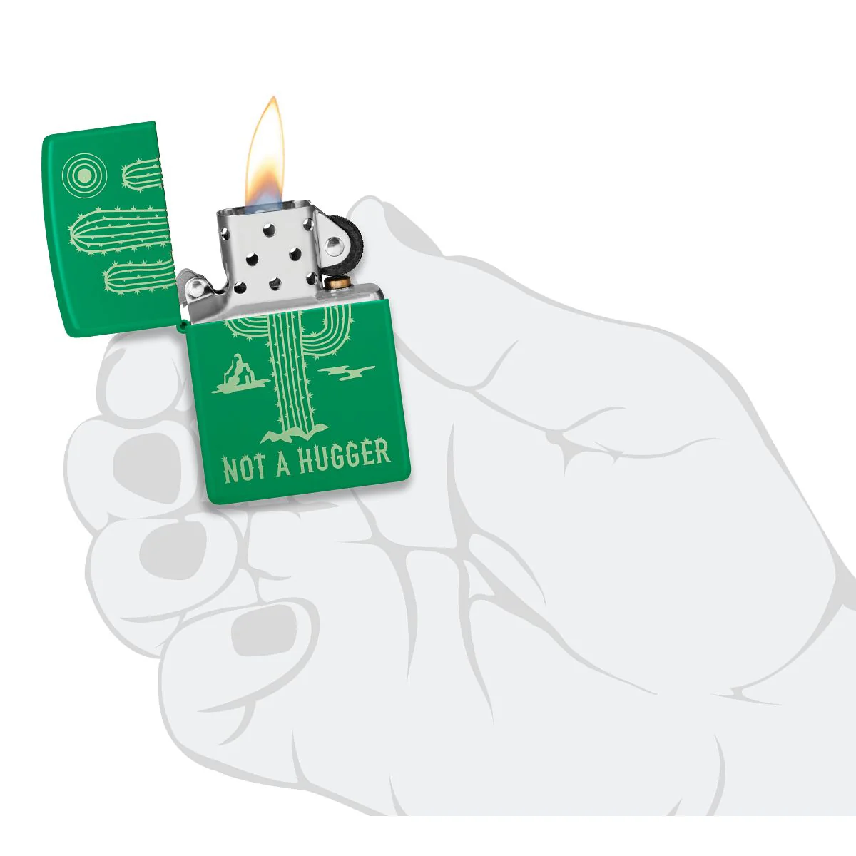 Zippo Lighter: Cactus,Not a Hugger, Engraved - Grass Green Matte 47150 - Image 5