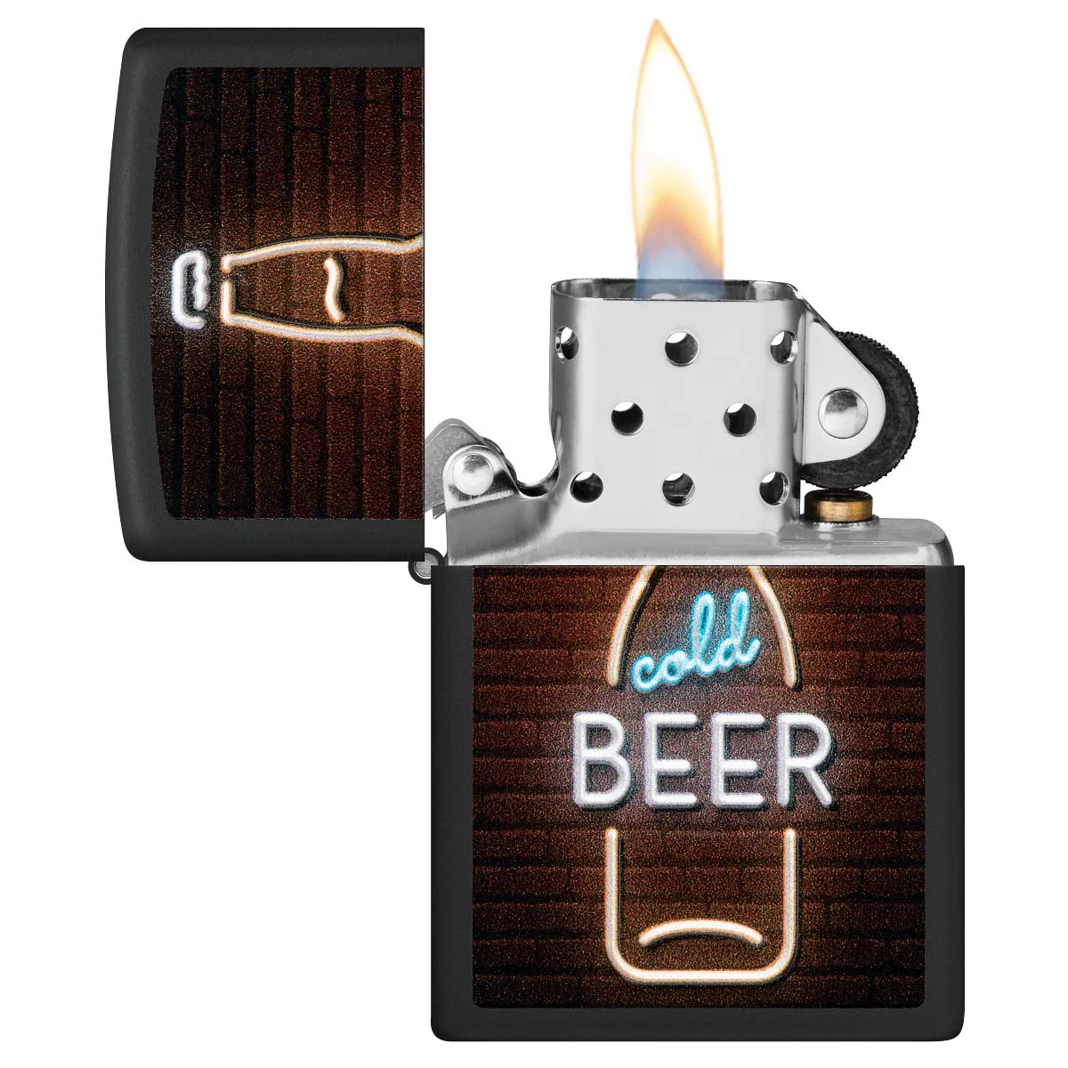 Zippo Lighter: Cold Beer Neon Sign, Raised Print - Black Matte 46112 - Image 4