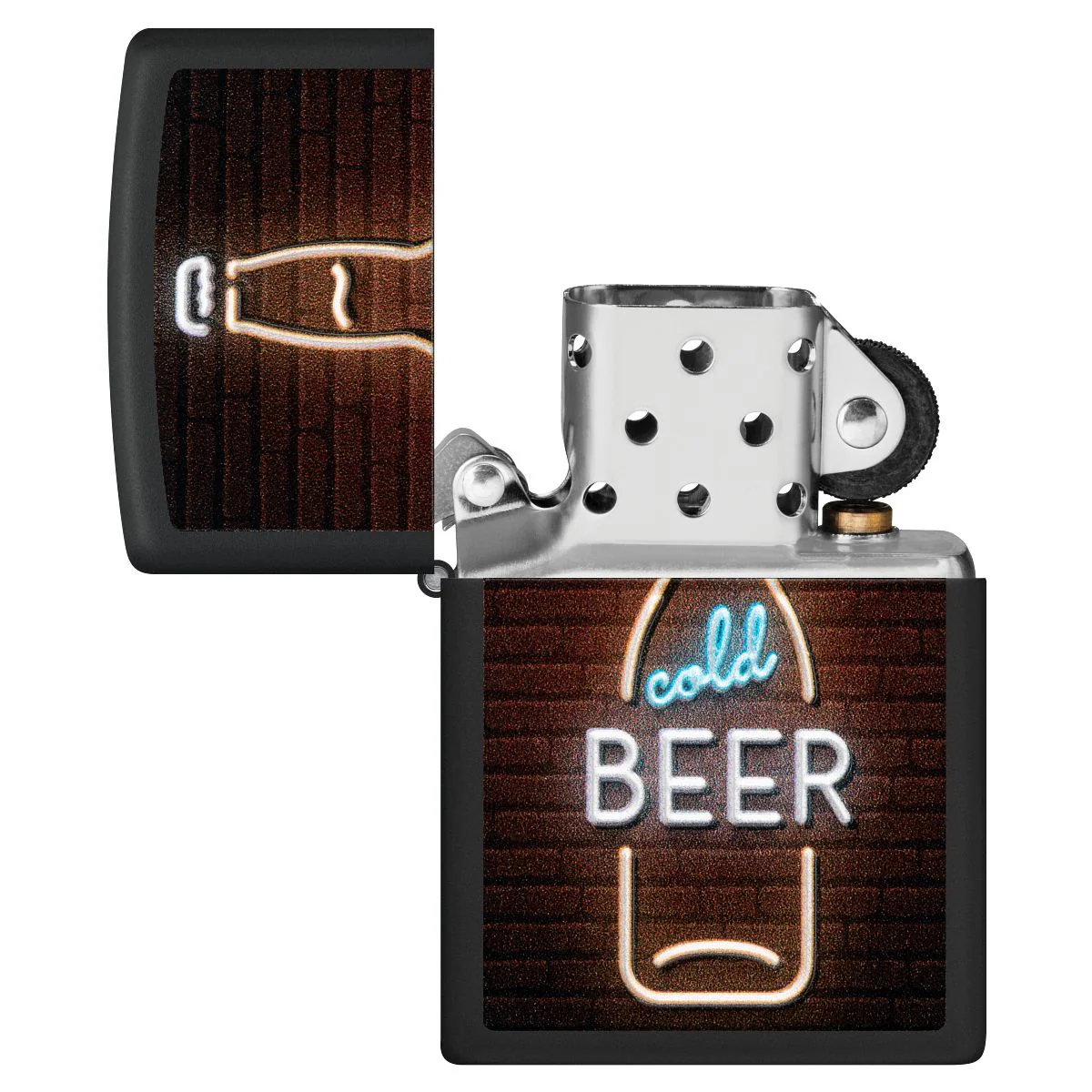 Zippo Lighter: Cold Beer Neon Sign, Raised Print - Black Matte 46112 - Image 5