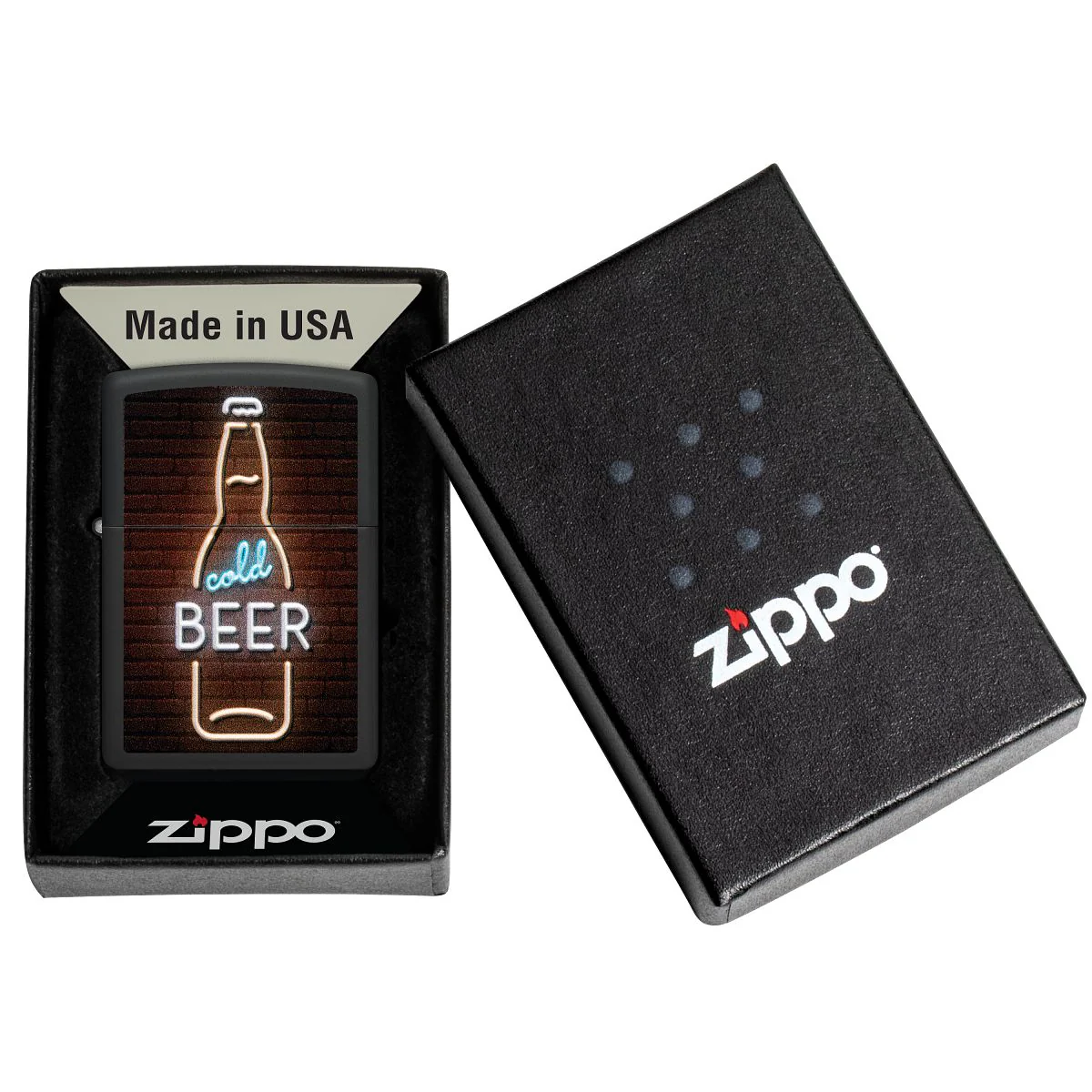 Zippo Lighter: Cold Beer Neon Sign, Raised Print - Black Matte 46112 - Image 7