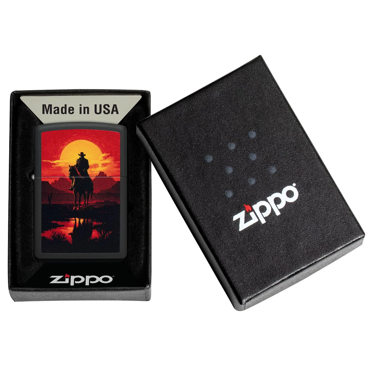 Zippo Lighter: Cowboy on Horseback - Black Matte 46885 - Image 6