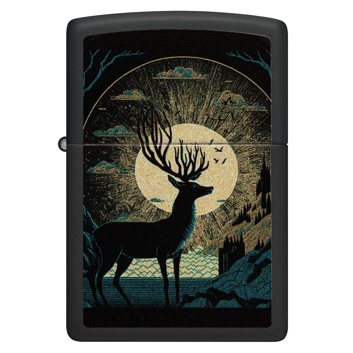 Zippo Lighter: Deer and Sun Design - Black Matte 46615 - Image 2