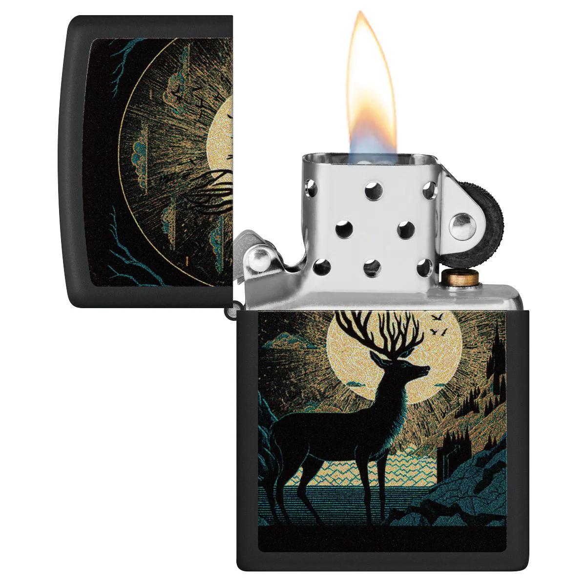 Zippo Lighter: Deer and Sun Design - Black Matte 46615 - Image 3