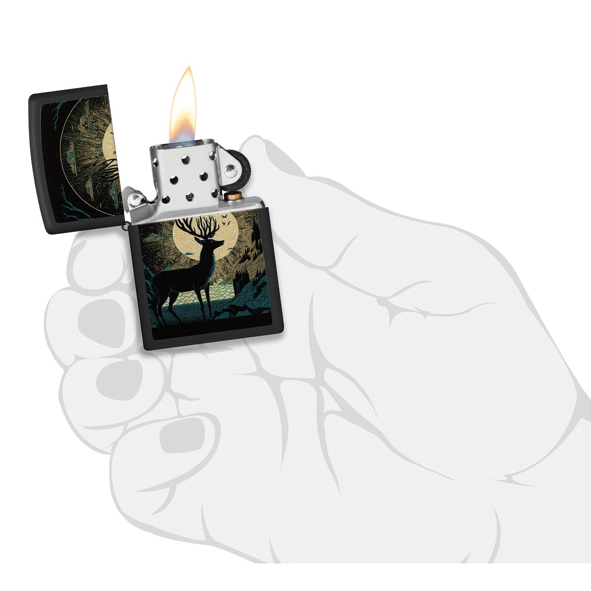 Zippo Lighter: Deer and Sun Design - Black Matte 46615 - Image 5