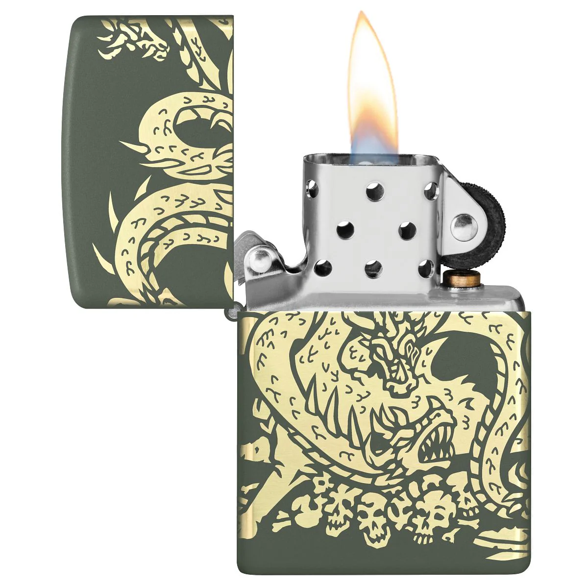Zippo Lighter: Dragon Design, Laser 360 - Green Matte 48907 - Image 7