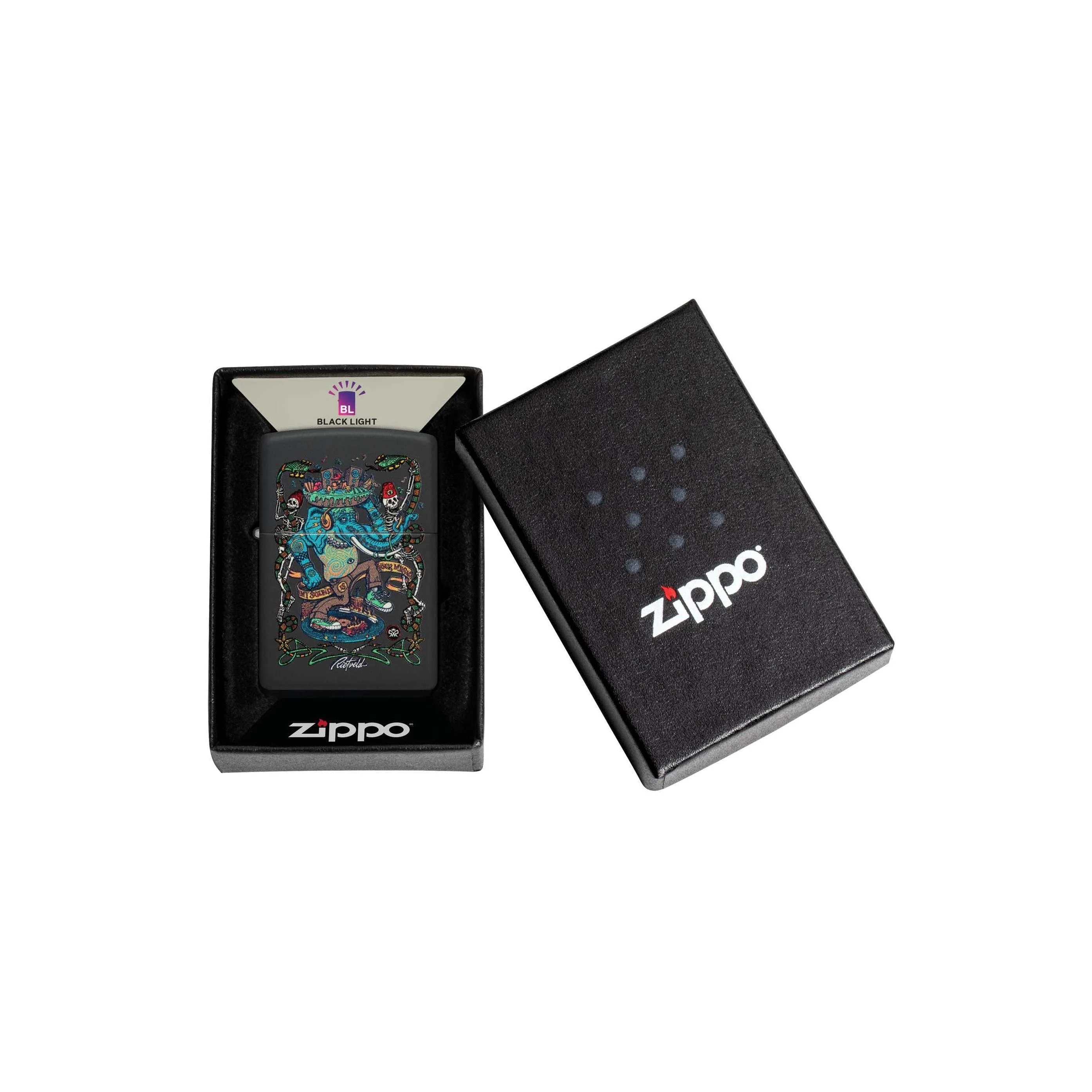 Zippo Lighter: Elephant Noise by Rick Rietveld, Black Light - Black Matte 48673 - Image 3
