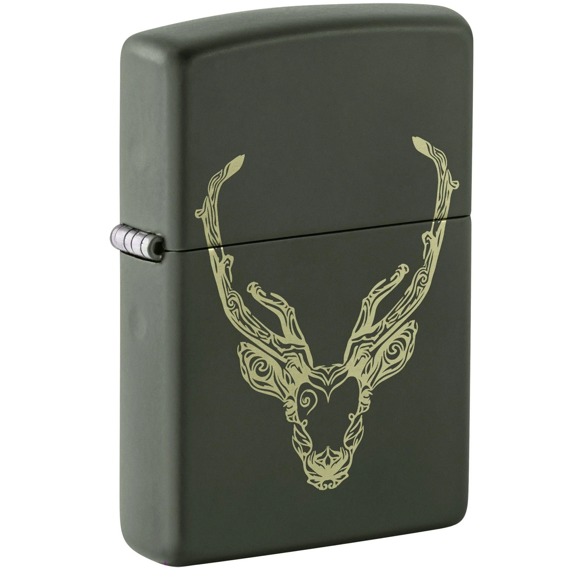 Zippo Lighter: Engraved Abstract Deer Design - Green Matte 48857