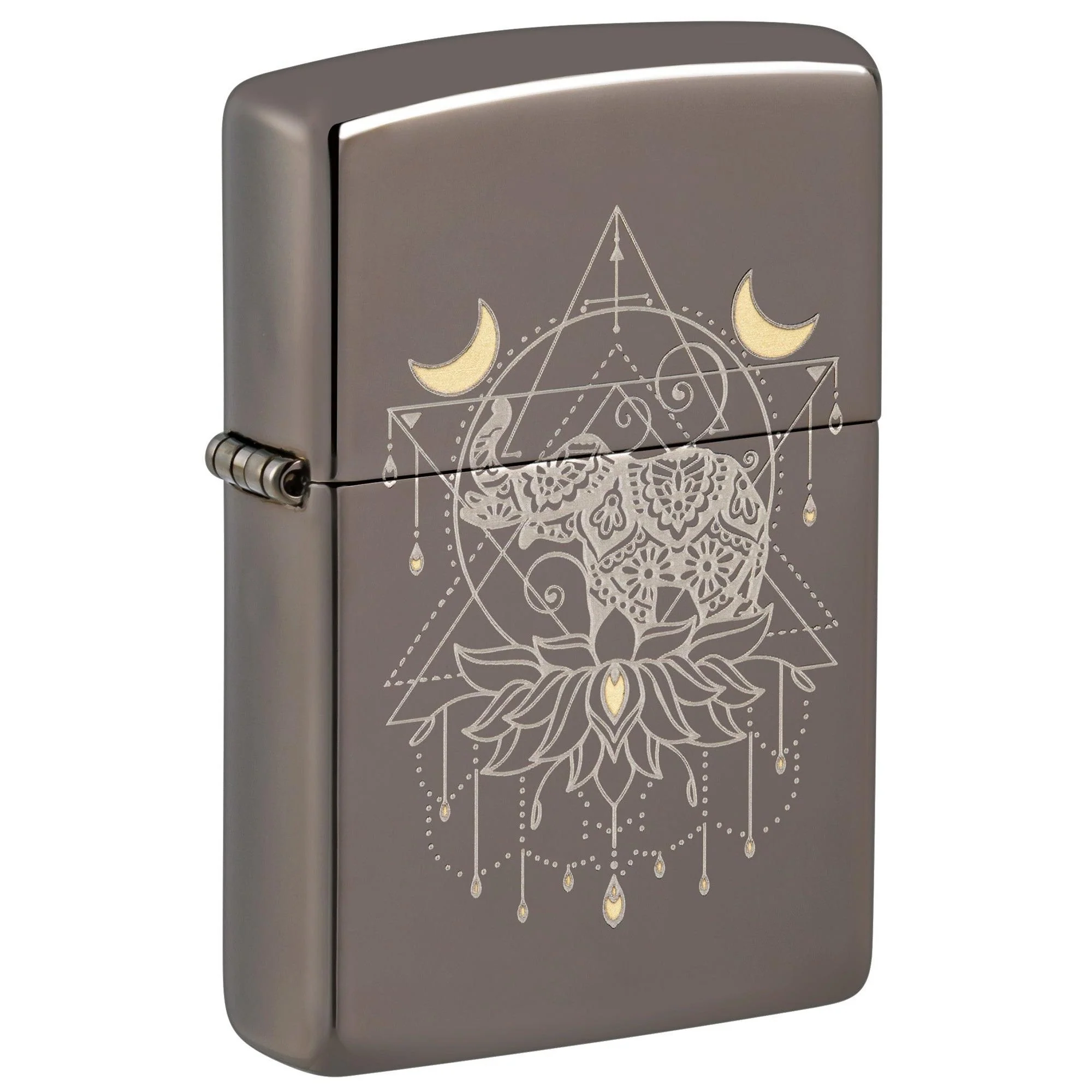 Zippo Lighter: Engraved Elephant and Lotus Flower - Black Ice 46103