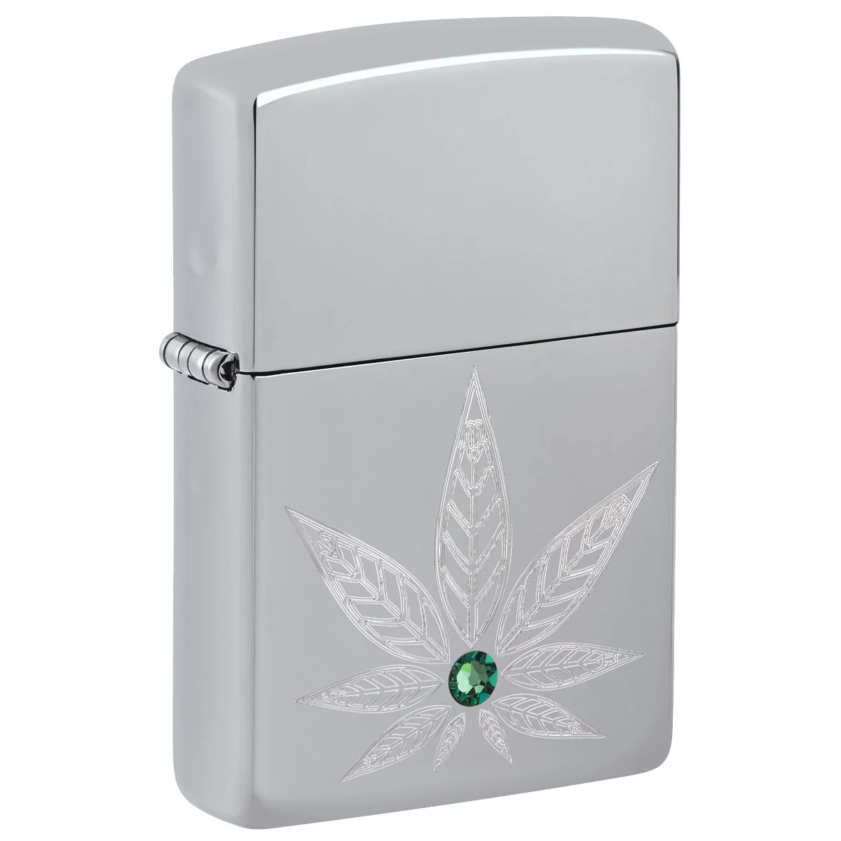 Zippo Lighter: Engraved Weed Leaf with Crystal - High Polish Chrome 46126