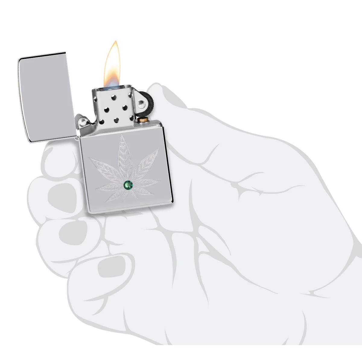 Zippo Lighter: Engraved Weed Leaf with Crystal - High Polish Chrome 46126 - Image 6