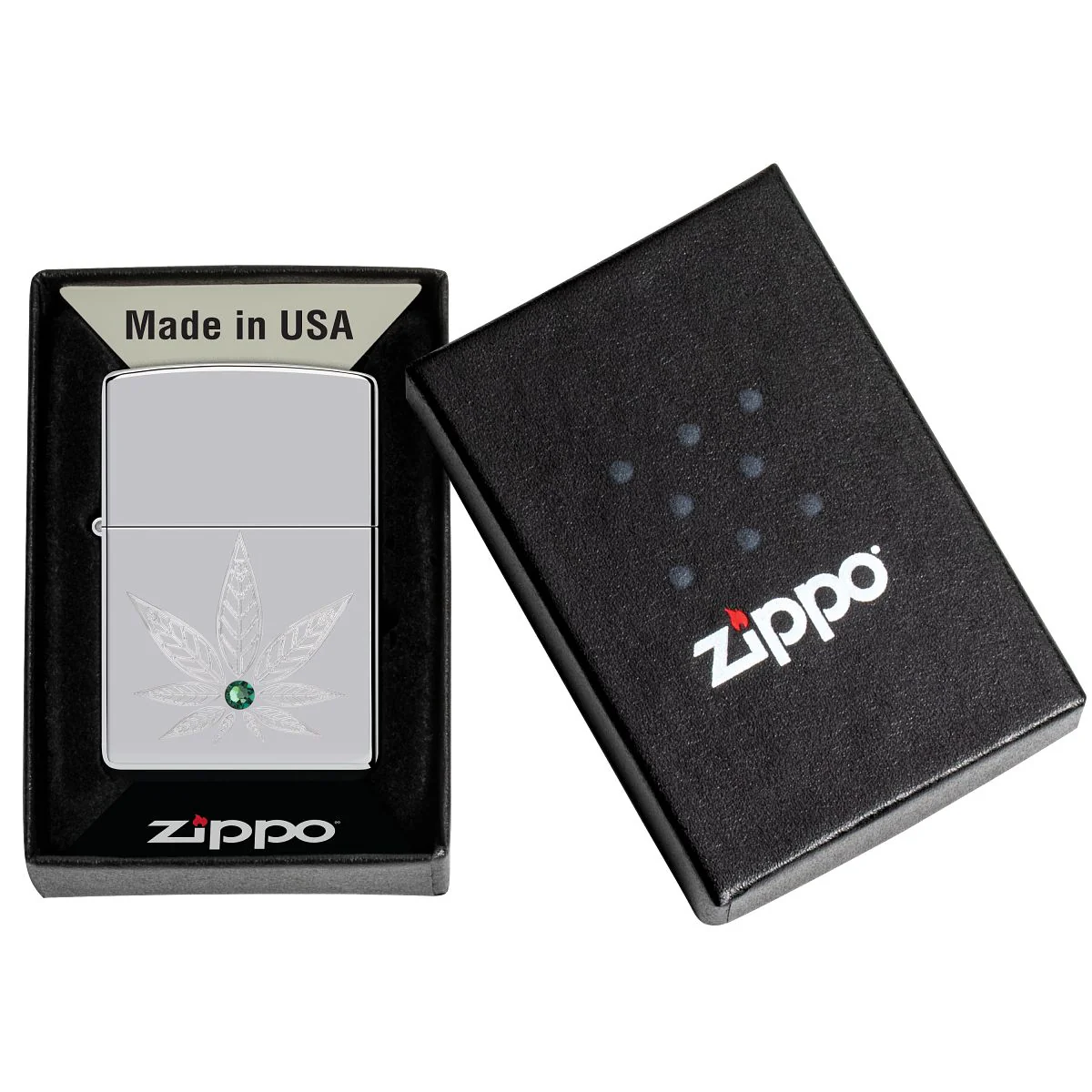 Zippo Lighter: Engraved Weed Leaf with Crystal - High Polish Chrome 46126 - Image 7