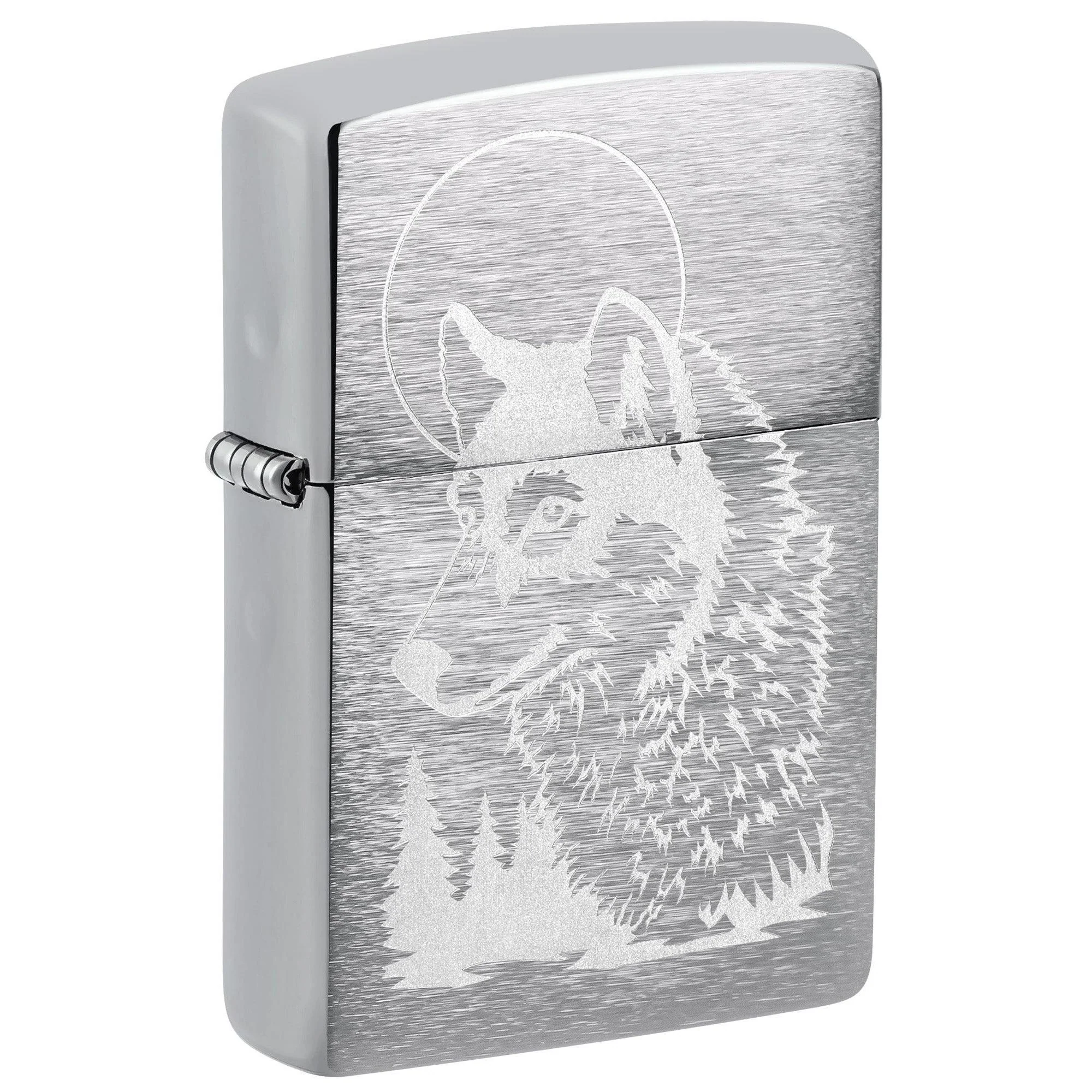 Zippo Lighter: Engraved Wolf with Moon - Brushed Chrome 81695