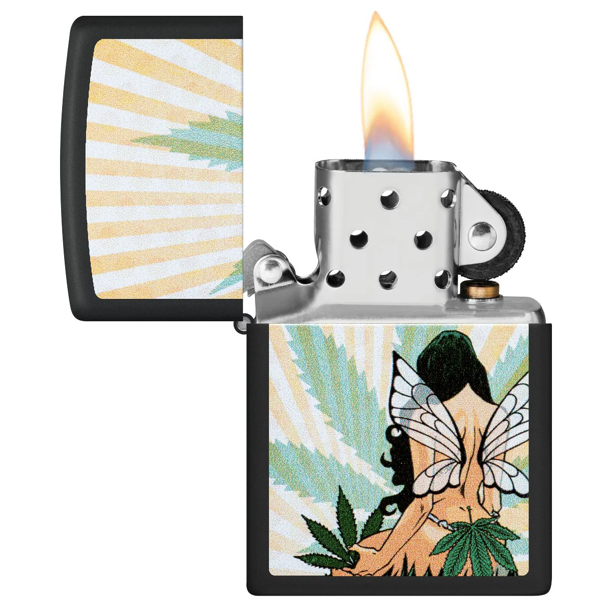 Zippo Lighter: Fairy with Weed Leaf - Black Matte 46576 - Image 3