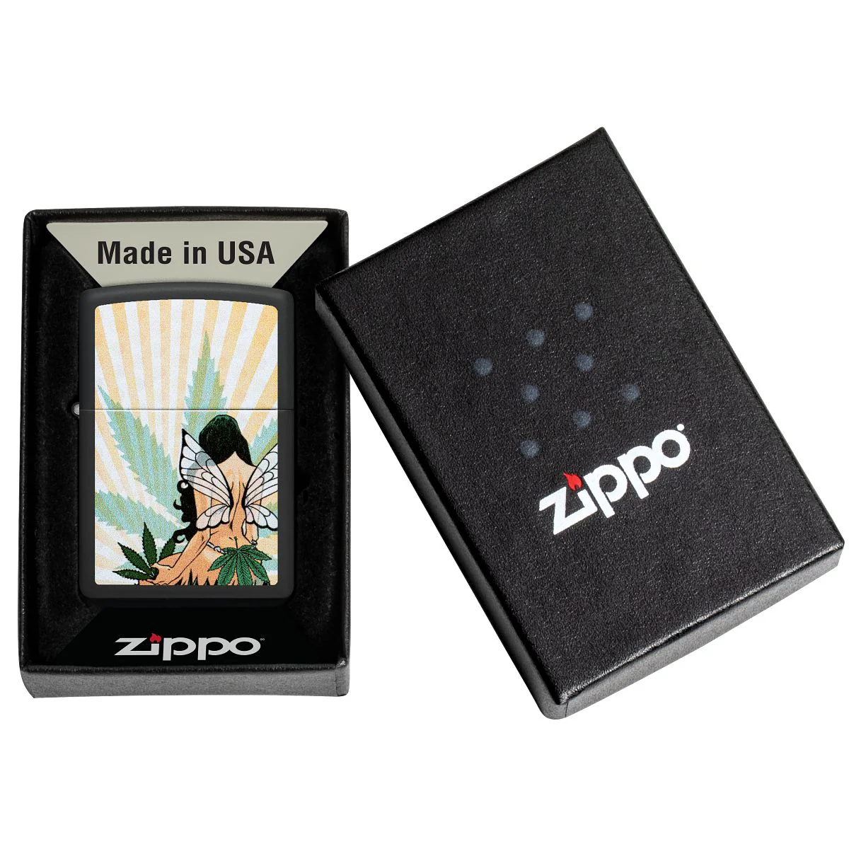 Zippo Lighter: Fairy with Weed Leaf - Black Matte 46576 - Image 6