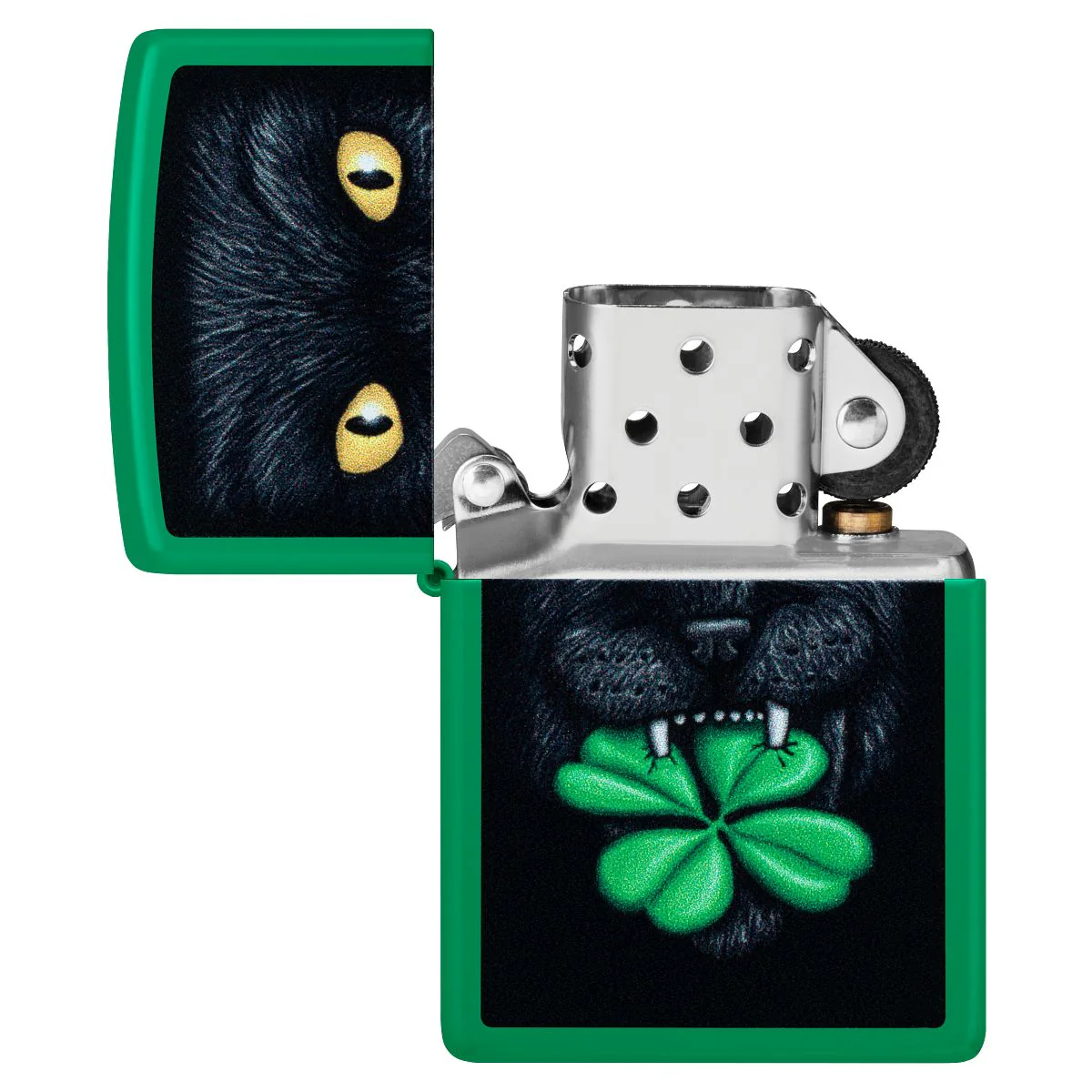 Zippo Lighter: Feline Lucky Design - Grass Green Matte 46721 - Image 4