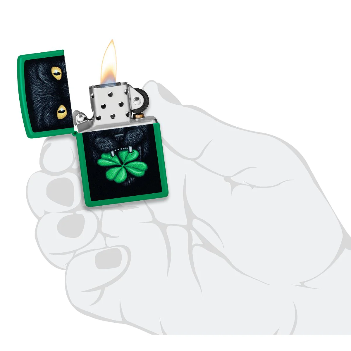 Zippo Lighter: Feline Lucky Design - Grass Green Matte 46721 - Image 5