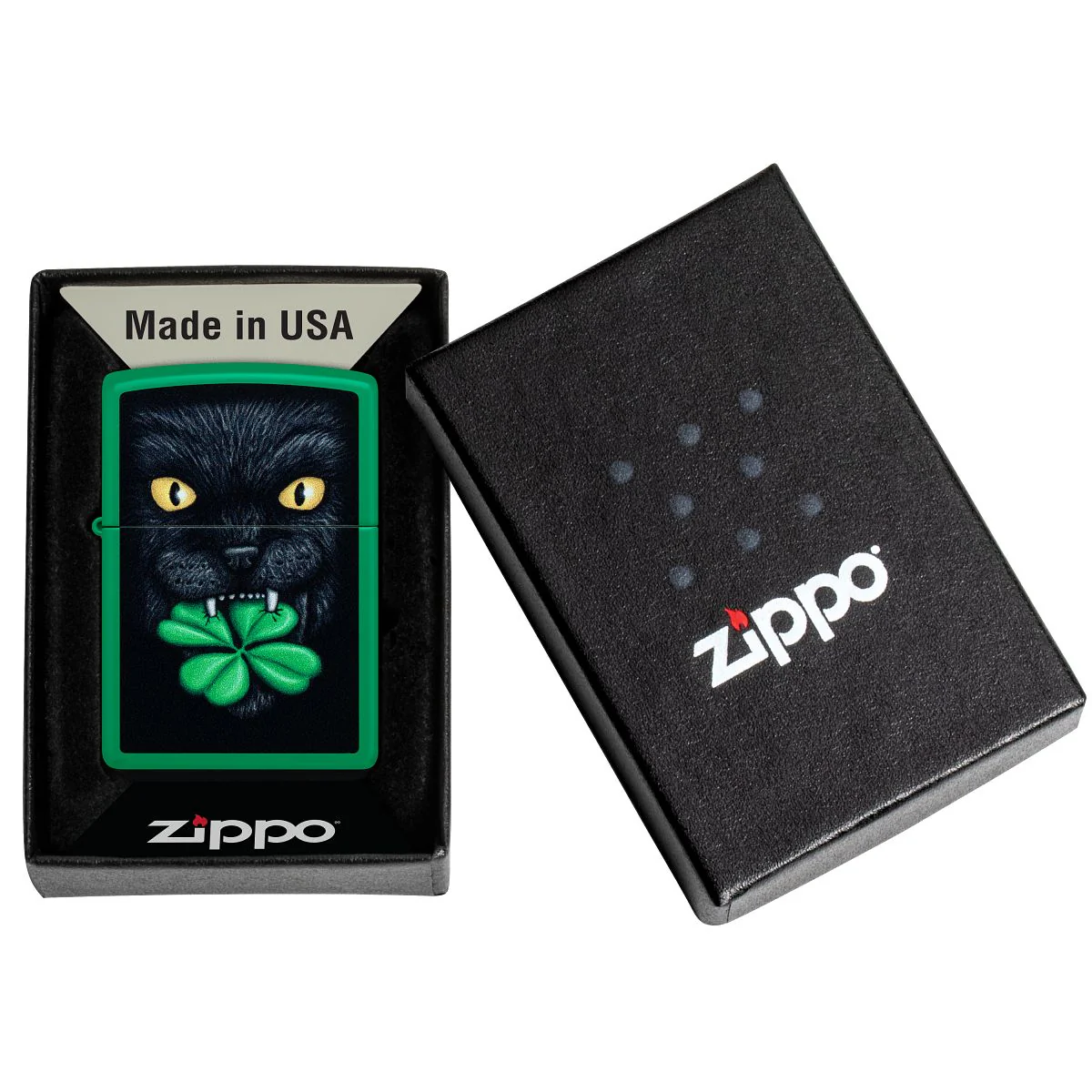 Zippo Lighter: Feline Lucky Design - Grass Green Matte 46721 - Image 6