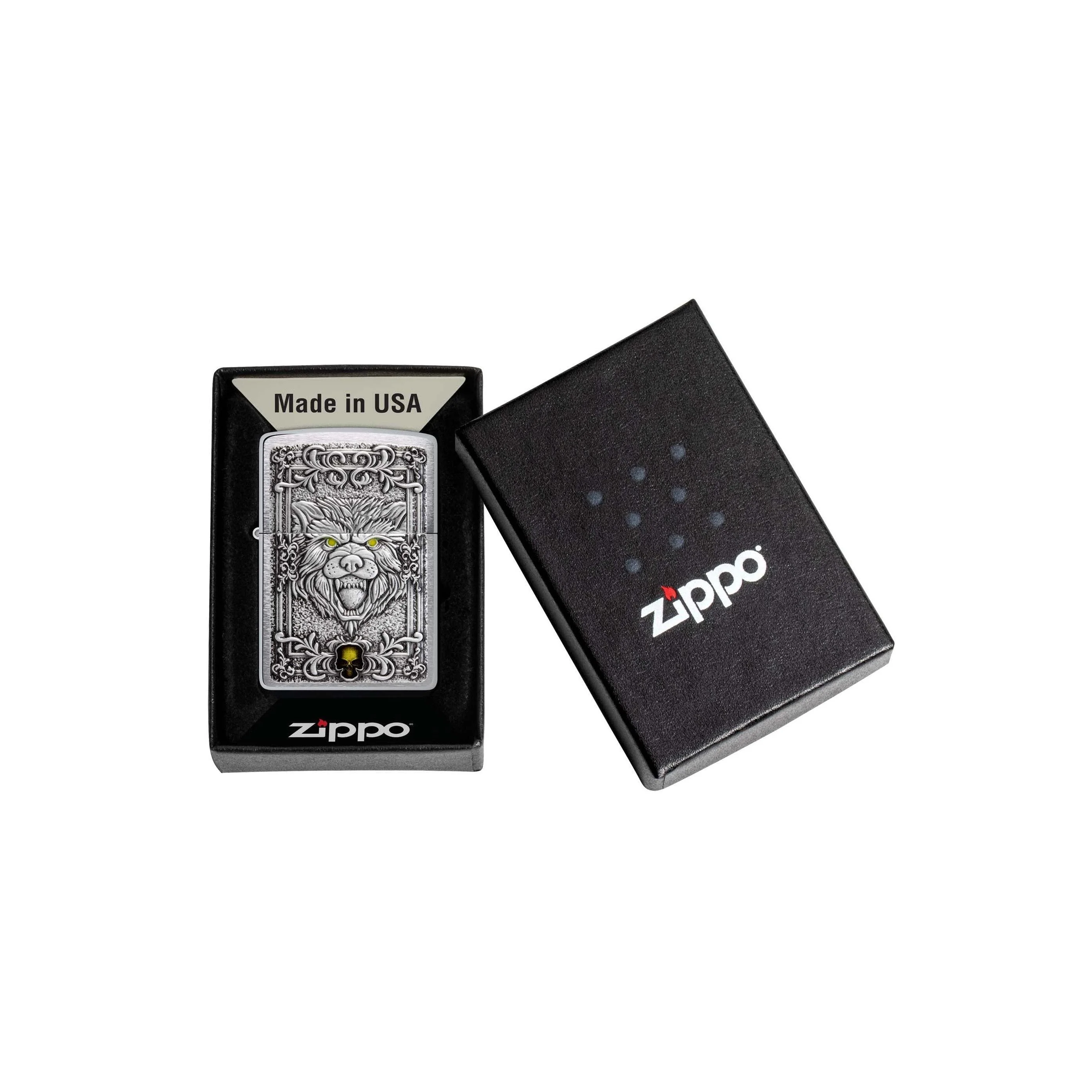 Zippo Lighter: Fierce Wolf Emblem - Brushed Chrome 48690 - Image 3