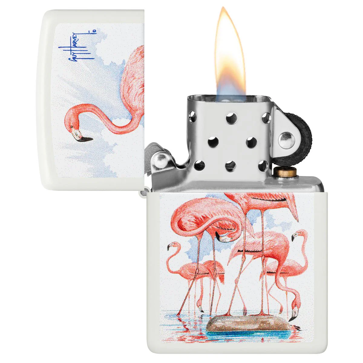 Zippo Lighter: Flamingos by Guy Harvey - White Matte 47103 - Image 3