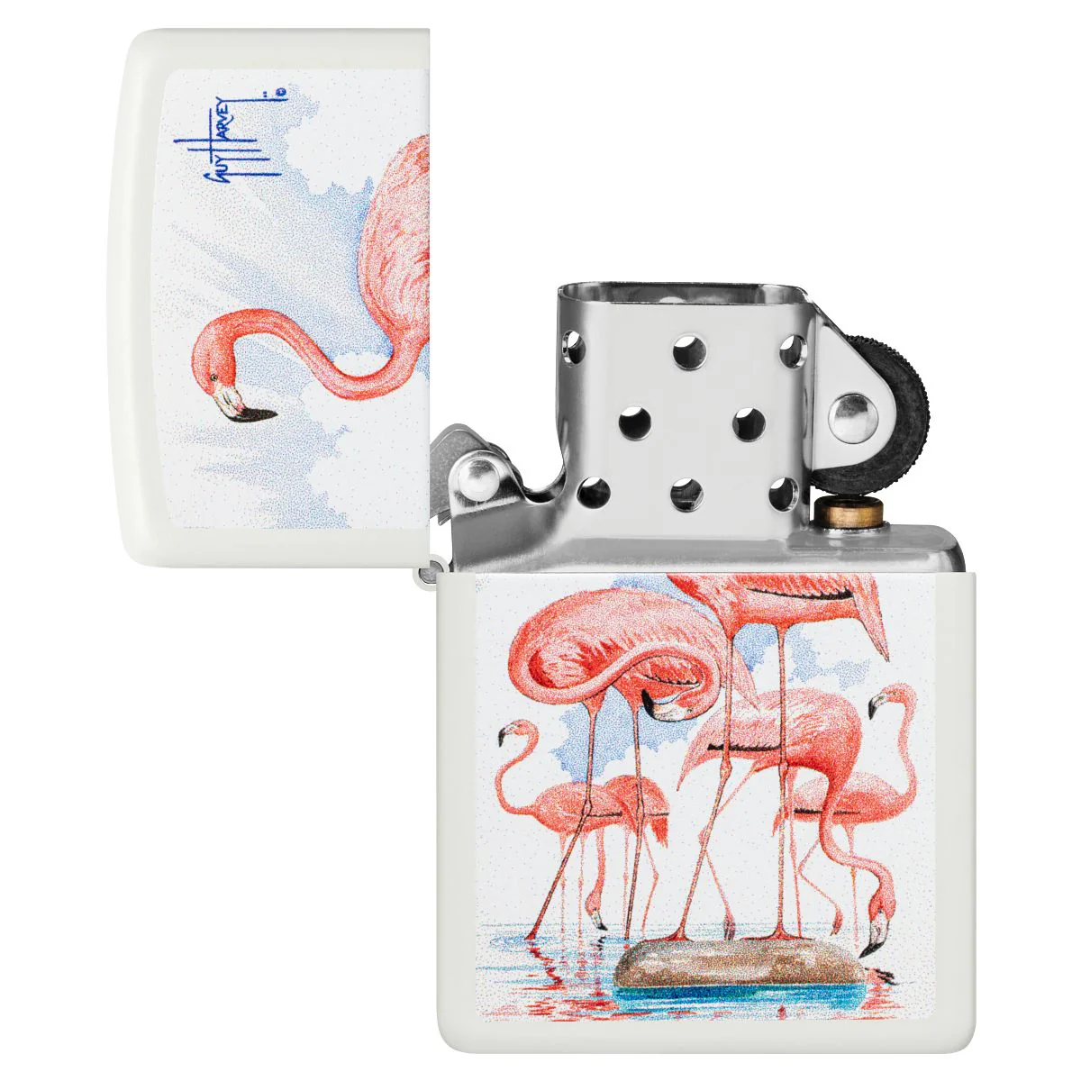 Zippo Lighter: Flamingos by Guy Harvey - White Matte 47103 - Image 4