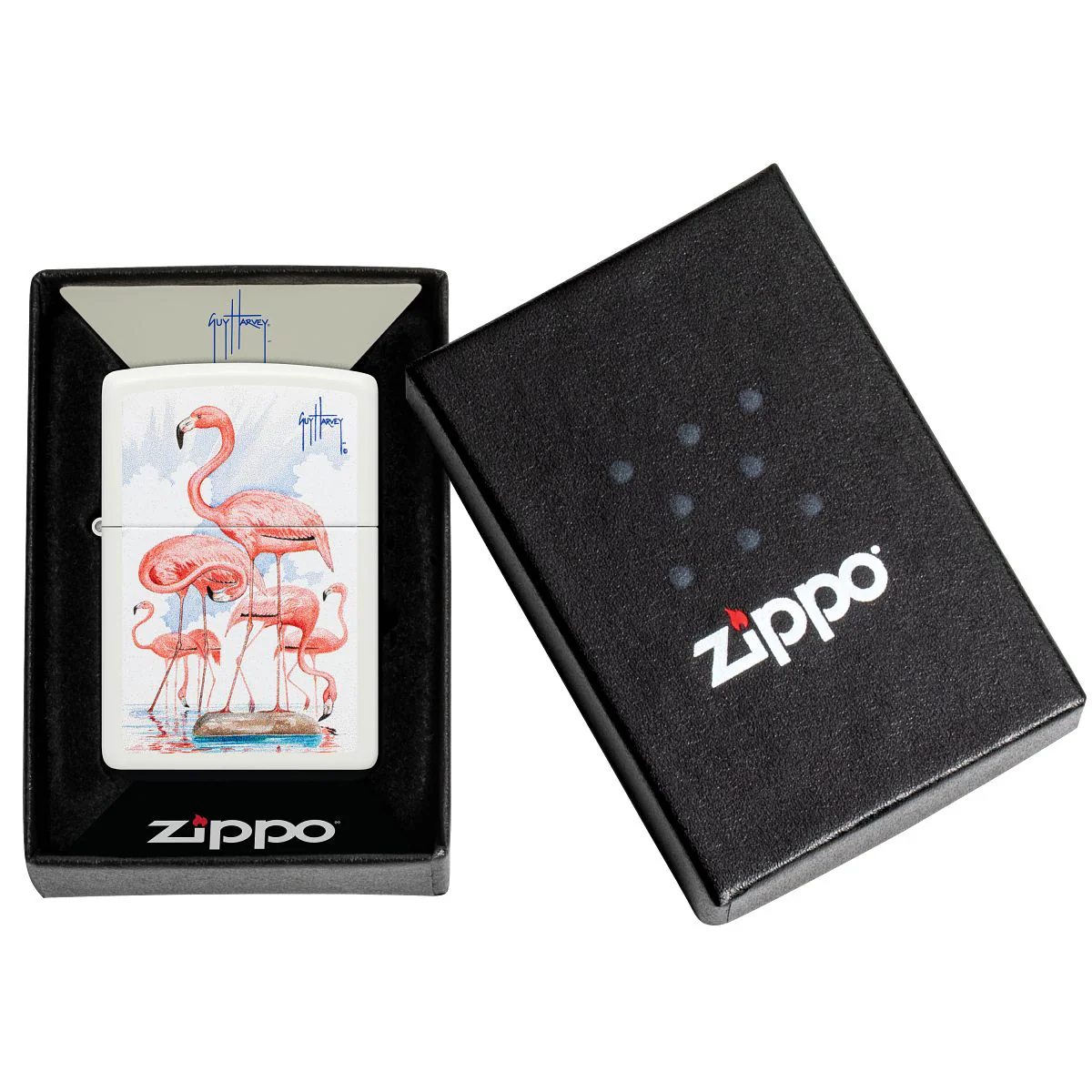 Zippo Lighter: Flamingos by Guy Harvey - White Matte 47103 - Image 6