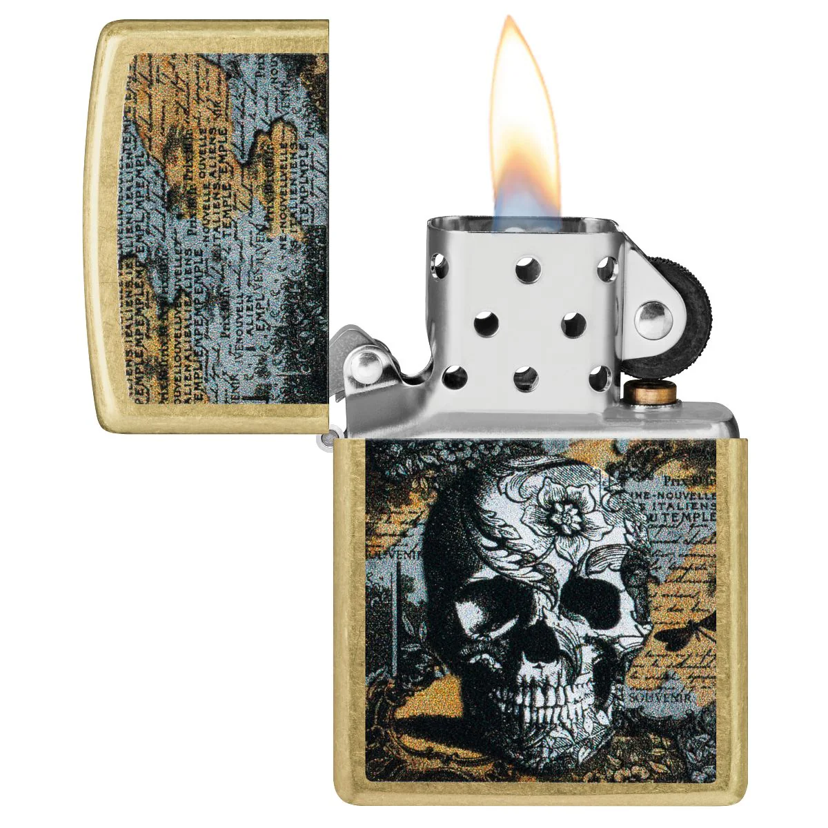 Zippo Lighter: Floral Skull Design - Street Brass 46577 - Image 3