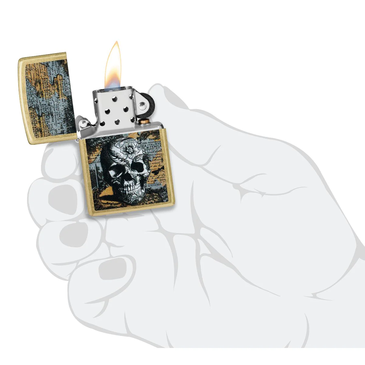 Zippo Lighter: Floral Skull Design - Street Brass 46577 - Image 5