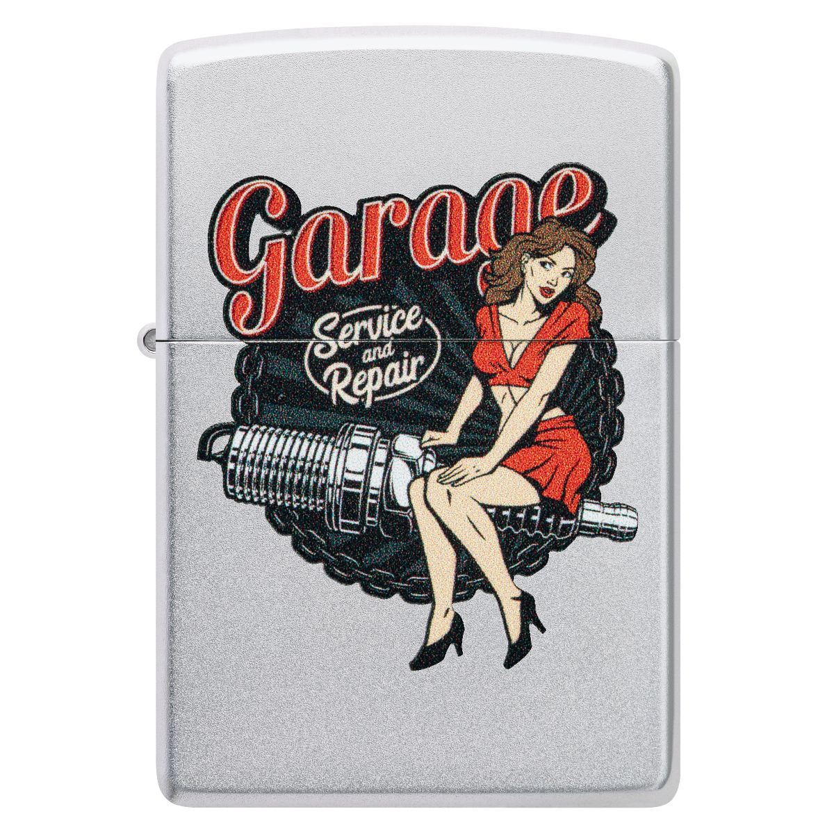 Zippo Lighter: Garage Auto Repair, Pin-up Girl - Satin Chrome 46072 - Image 2