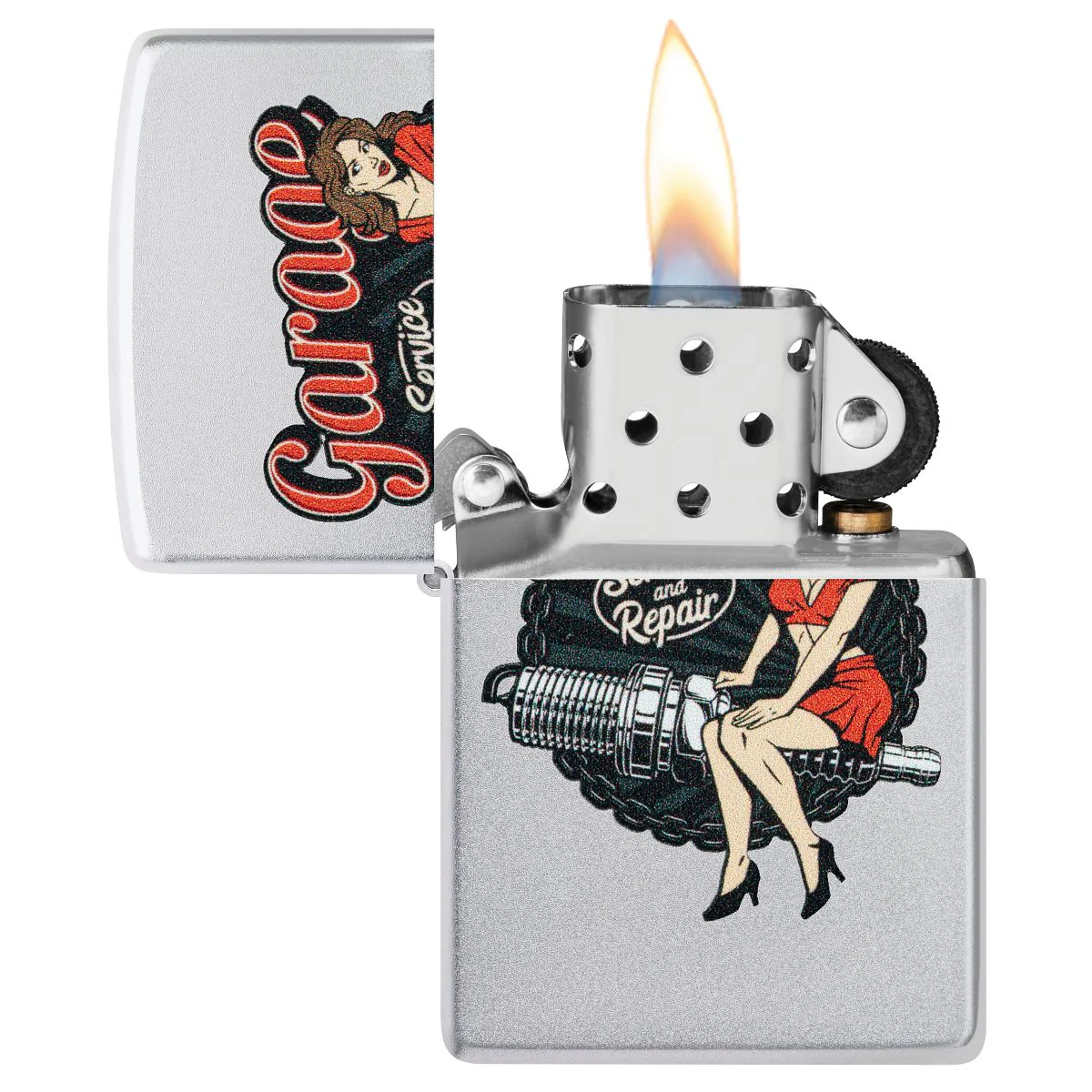 Zippo Lighter: Garage Auto Repair, Pin-up Girl - Satin Chrome 46072 - Image 3