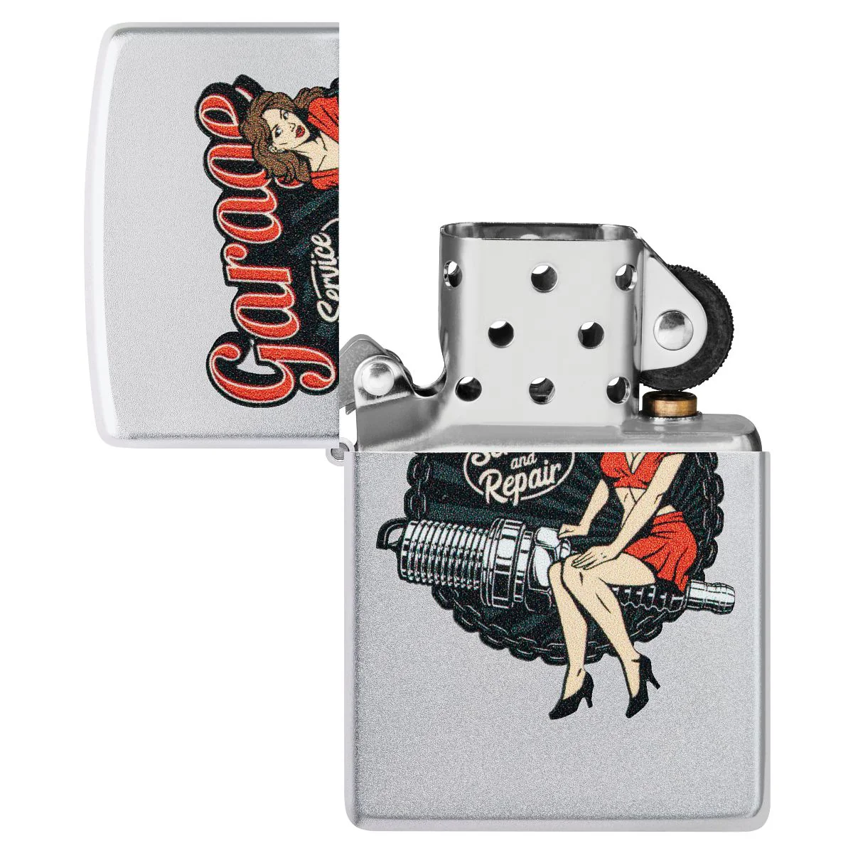 Zippo Lighter: Garage Auto Repair, Pin-up Girl - Satin Chrome 46072 - Image 4