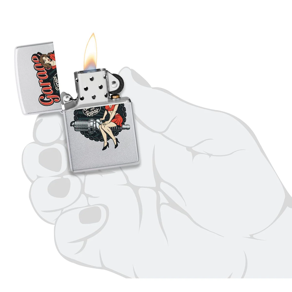 Zippo Lighter: Garage Auto Repair, Pin-up Girl - Satin Chrome 46072 - Image 5