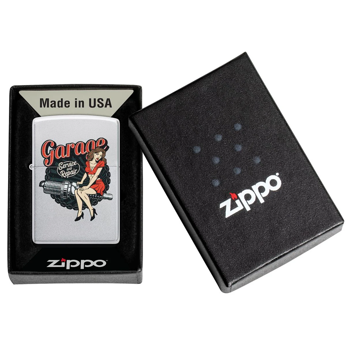 Zippo Lighter: Garage Auto Repair, Pin-up Girl - Satin Chrome 46072 - Image 6