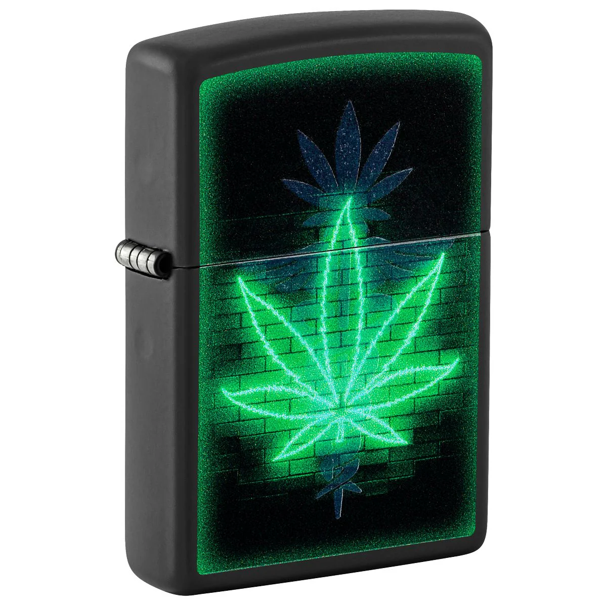 Zippo Lighter: Gleaming Weed Leaf with Black Light - Black Matte 46266