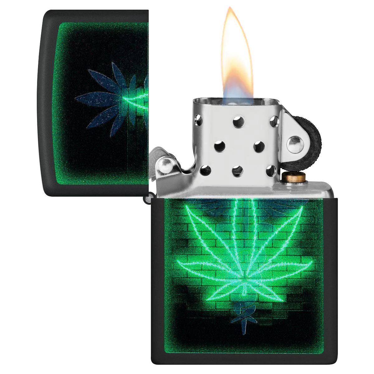 Zippo Lighter: Gleaming Weed Leaf with Black Light - Black Matte 46266 - Image 4