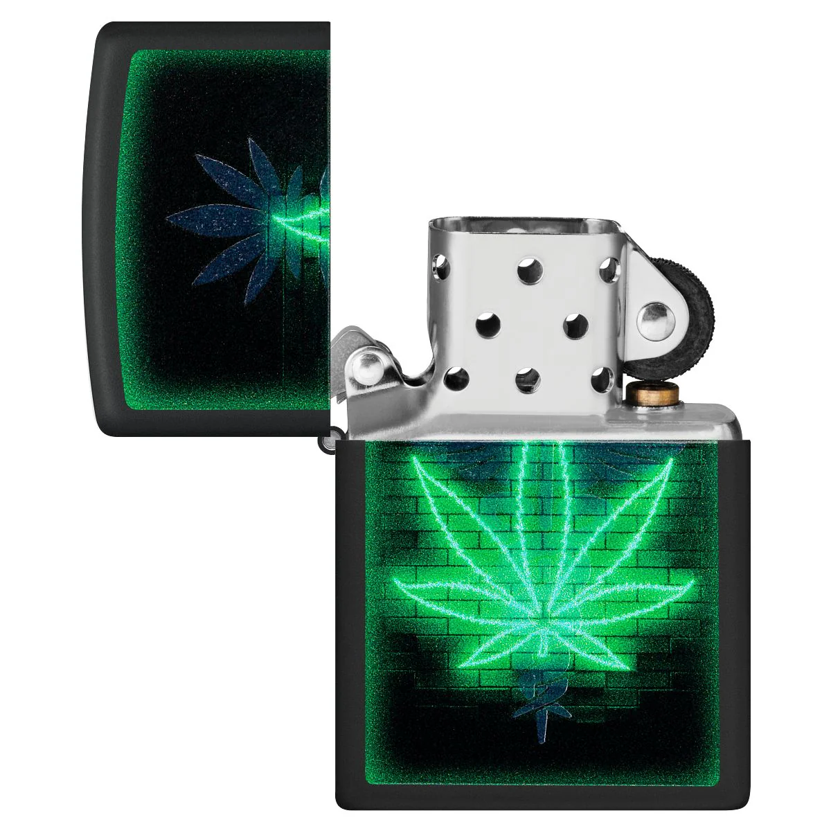 Zippo Lighter: Gleaming Weed Leaf with Black Light - Black Matte 46266 - Image 5