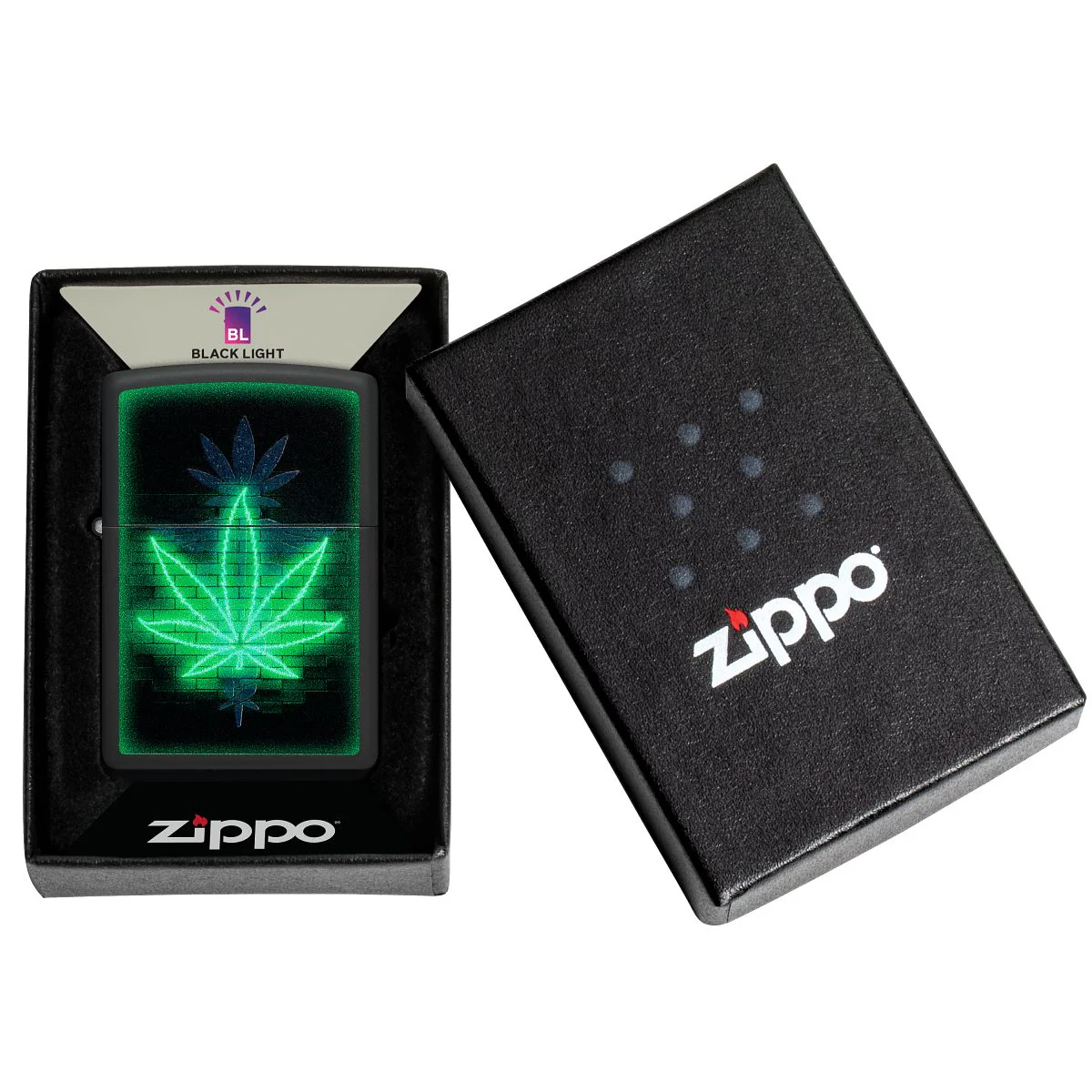 Zippo Lighter: Gleaming Weed Leaf with Black Light - Black Matte 46266 - Image 7