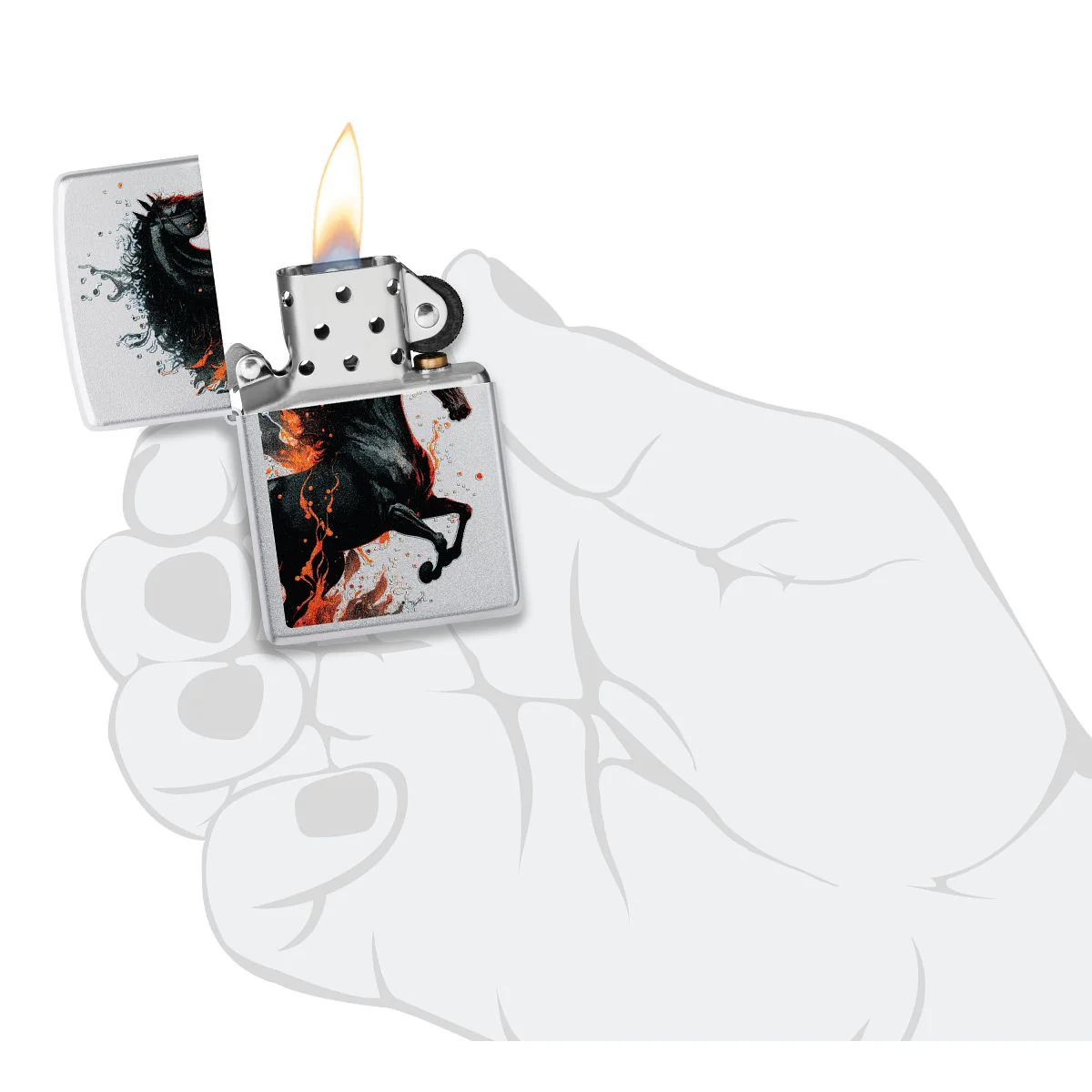 Zippo Lighter: Horse with Fire - Satin Chrome 46617 - Image 5